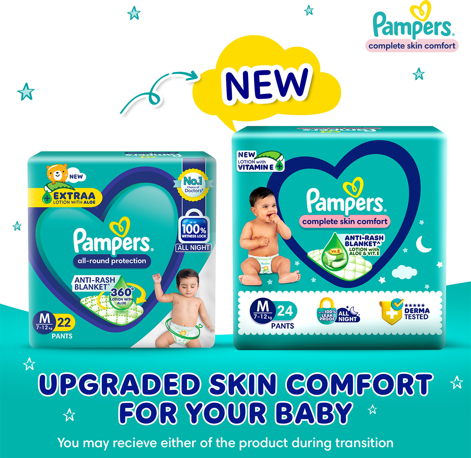 Image of Pampers Complete Skin Comfort with VitaminE & Aloe Vera Lotion Pant Diapers - M