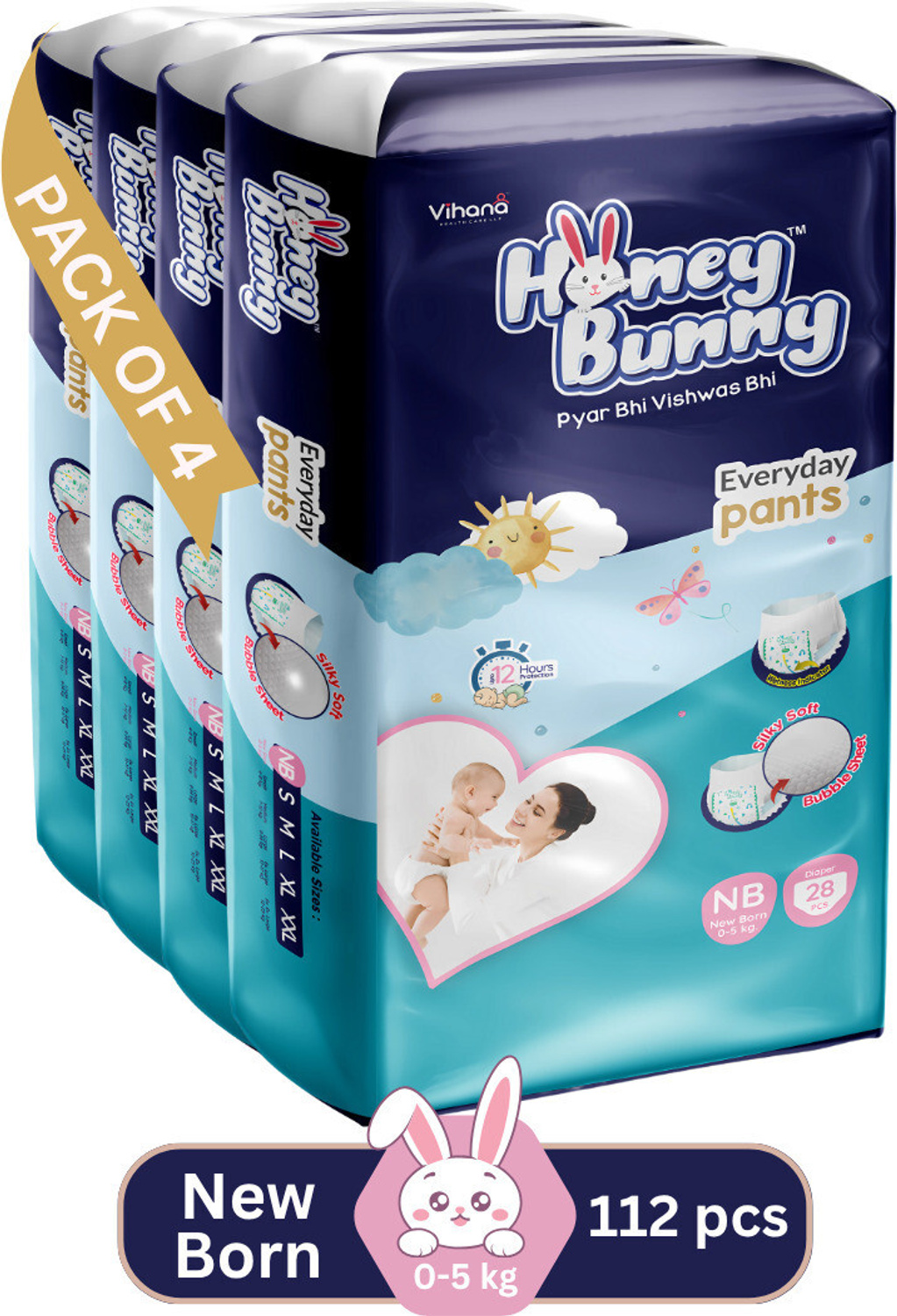 HONEY BUNNY Baby Diaper Pants Bubble Top Sheet Extra Soft 12hr Protection - Newborn