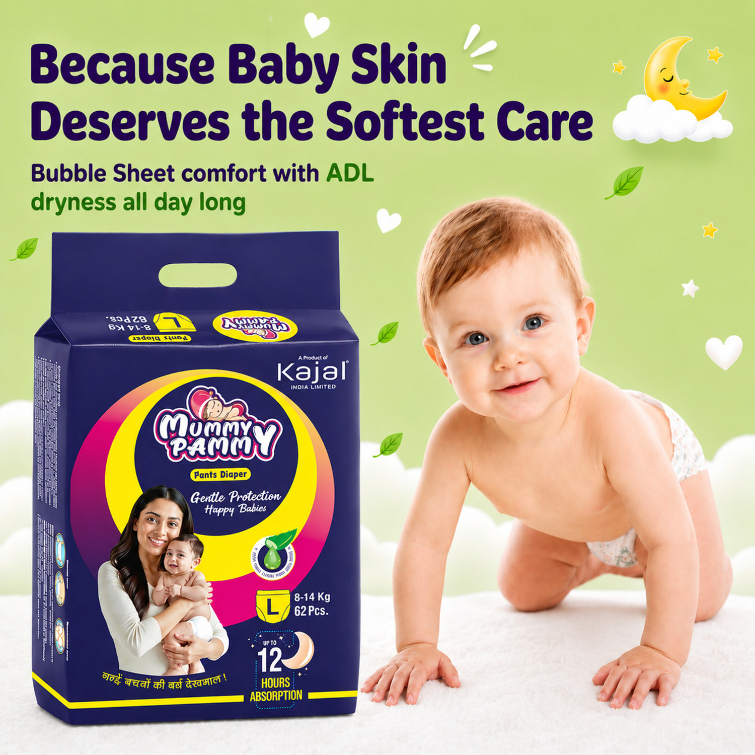 Image of MUMMY PAMMY Baby Diapers L Size Pack of 3 99 Count Cotton Soft Leakproof Pants Pant Diapers - L (99 Pieces)