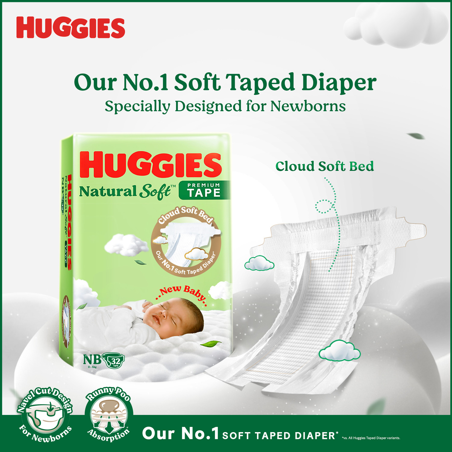 Image of Huggies Natural Soft Premium Tape Diapers Newborn- Upto 5 kgs, NB (32X2) ,64 pcs Tape Diapers - New Born