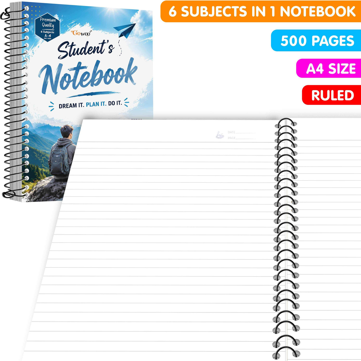 Image of GO WOO A4 Size Dream Big Spiral Notebook | Spiral Notebook for Students A4 Notebook Ruled 500 Pages