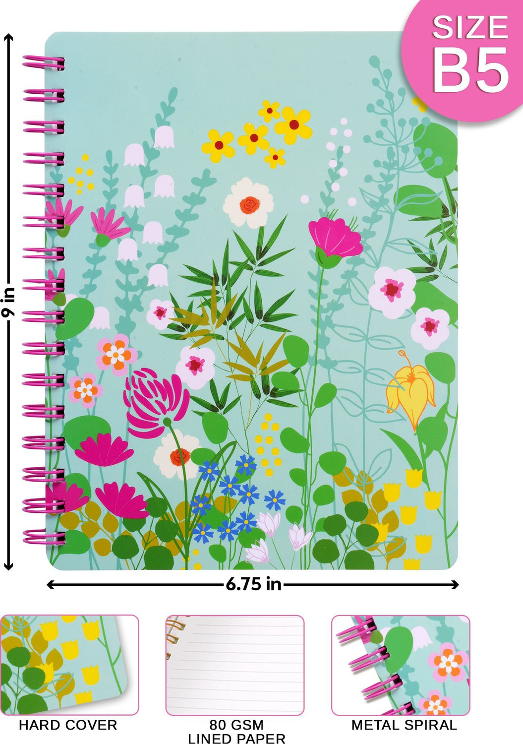 Image of Doodle Floral Pop Wiro Bound Notebook with Bookmark Dangler and Two Sticker Sheets B5 Diary Ruled 160 Pages