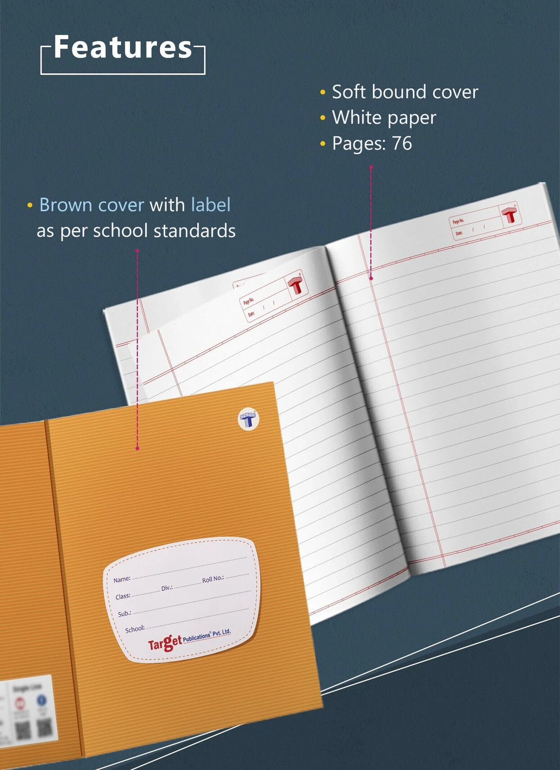Image of Target Publications Single Line (76 Ruled Pages) | Soft Brown Cover | 18 cm x 24 cm Approx | Writing book with Page Numbers | Pack of 12 Books | GSM 58 Regular Notebook Ruled Pages 912 Pages