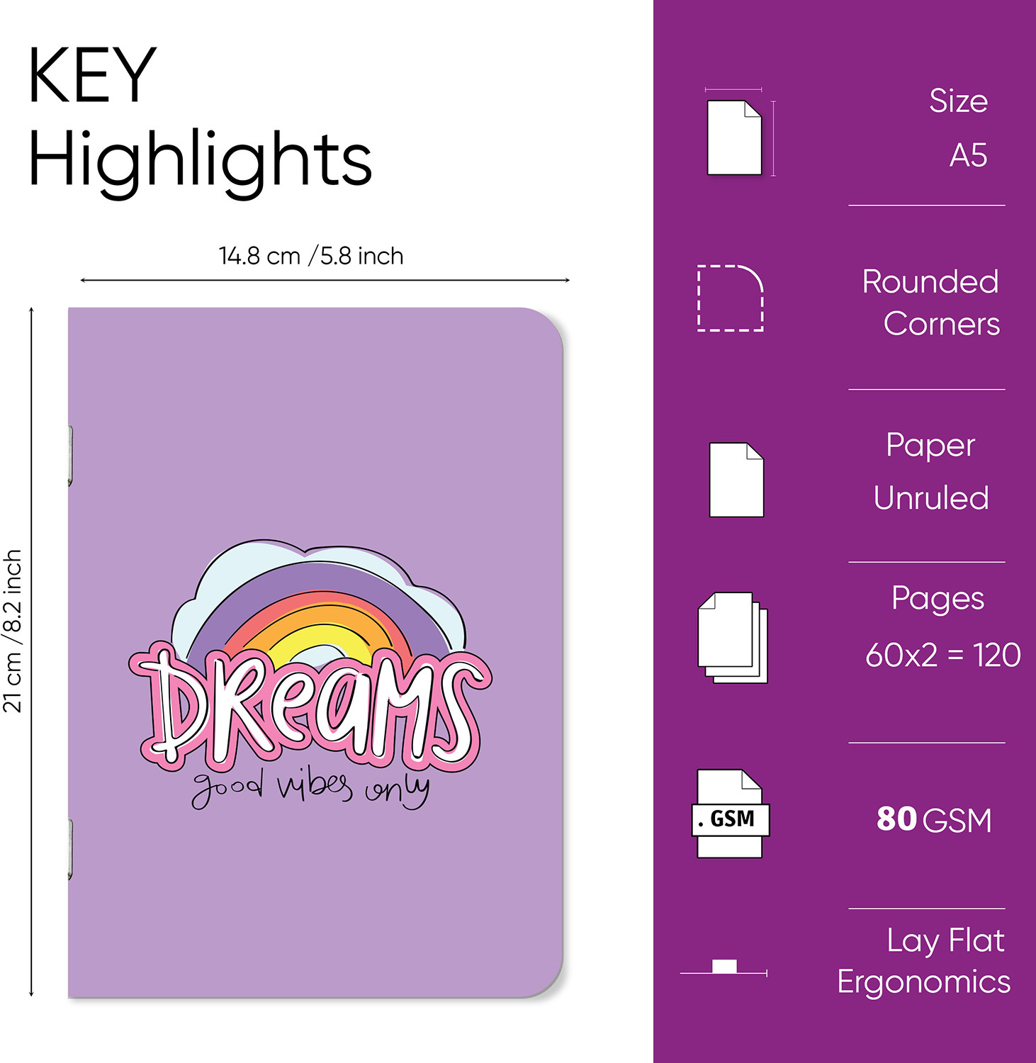Image of Raptech notebook Unique Stationery items, Easy to Carry, Plain Cute (Dream Good Vibe) A5 Diary UnRuled 120 Pages