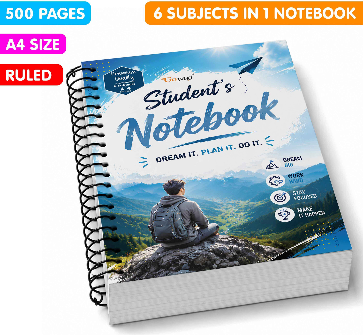 Image of GO WOO A4 Size Dream Big Spiral Notebook | Spiral Notebook for Students A4 Notebook Ruled 500 Pages