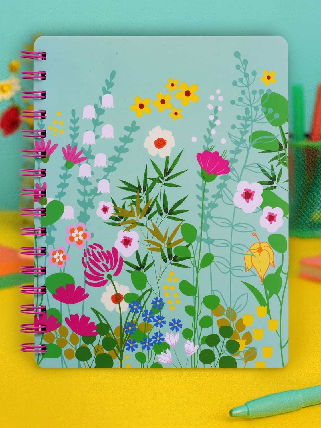 Image of Doodle Floral Pop Wiro Bound Notebook with Bookmark Dangler and Two Sticker Sheets B5 Diary Ruled 160 Pages