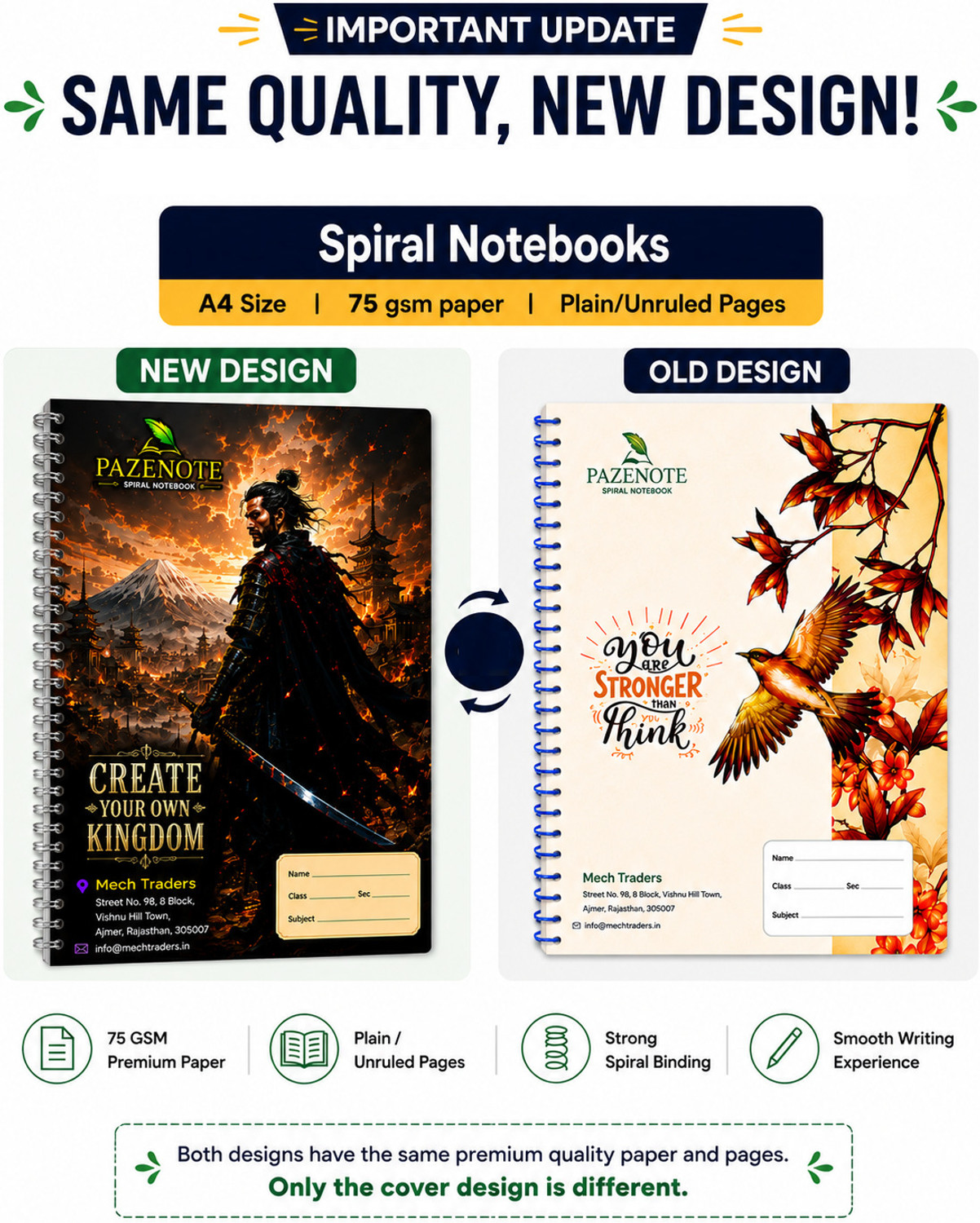 Image of pazenote Spiral Notebook A4 Notebook UNRULED /PLAIN 200 Pages