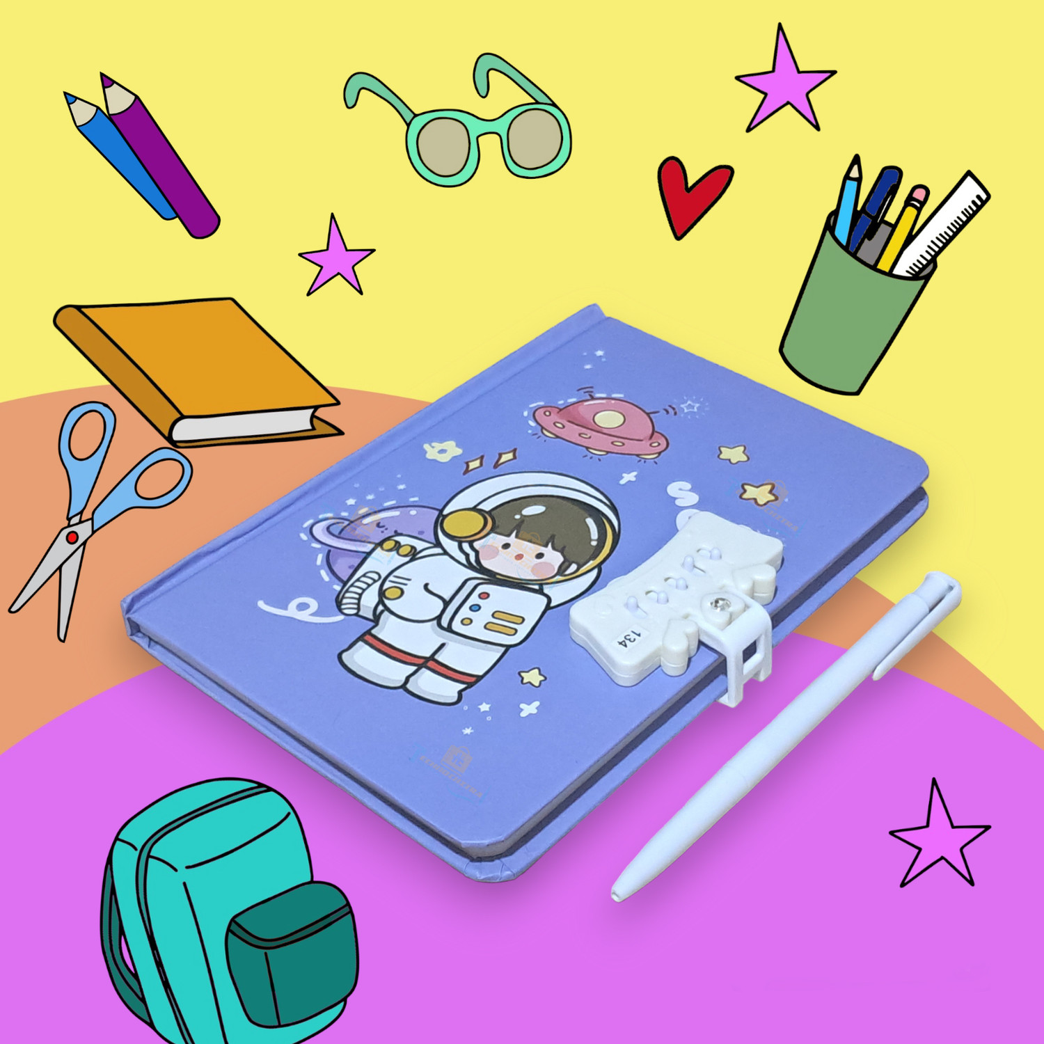 Image of TECHNOCHITRA Space Astronaut Printed Secret Password Lock Diary with Pen A5 Notebook Rules 80 Pages