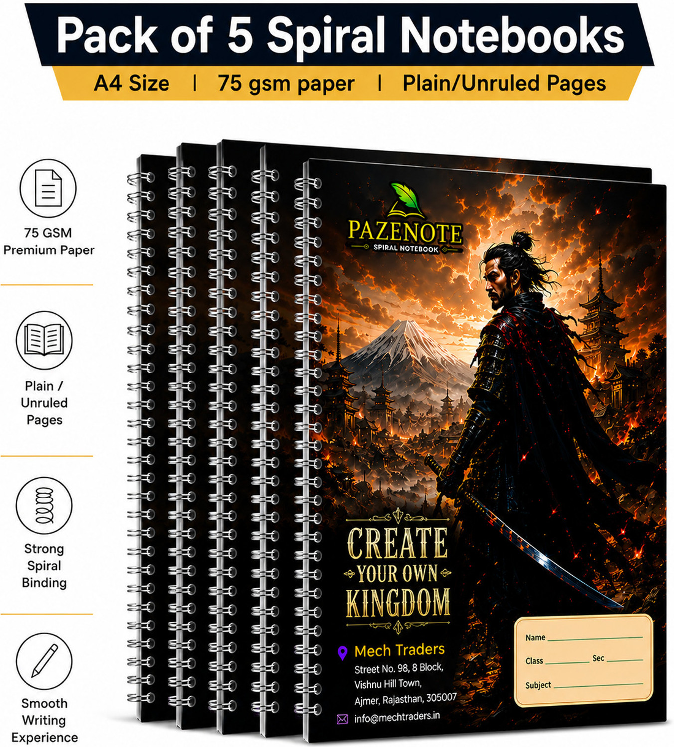 Image of pazenote Spiral Notebook A4 Notebook UNRULED /PLAIN 200 Pages