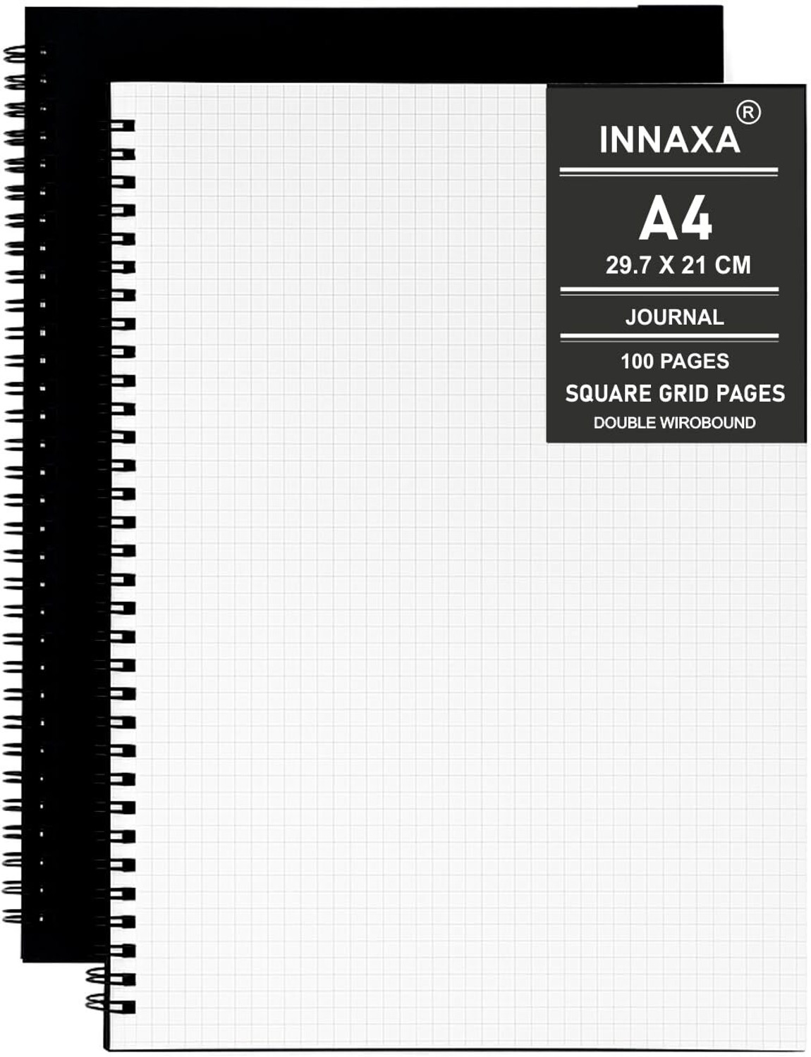 Image of INNAXA A4 Square Grid Black Spiral Notebook A4 Notebook Grid 120 Pages