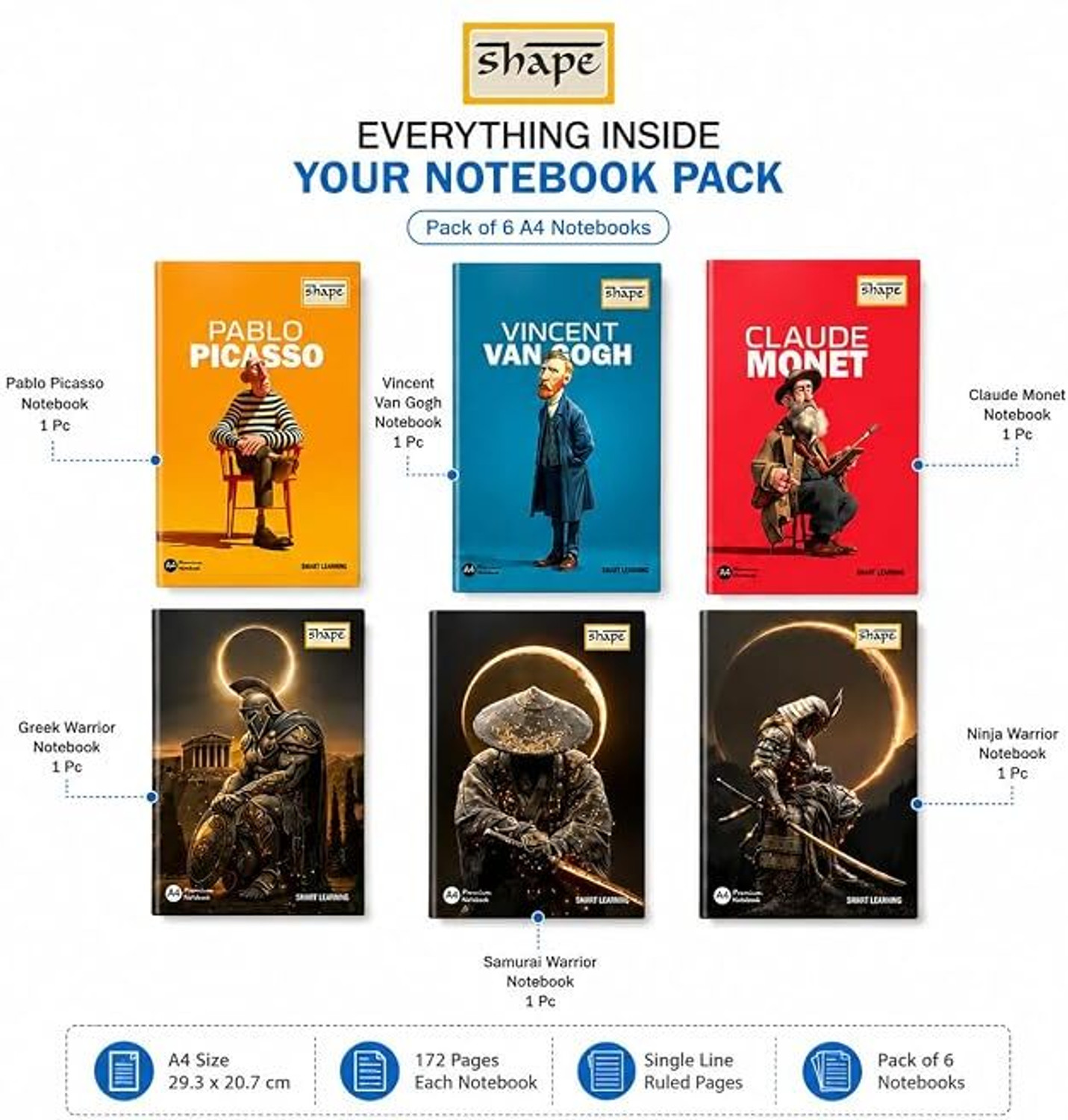 Image of Shape Standard / Pack of 6 A4 Notebook Single Line Ruled 172 Pages