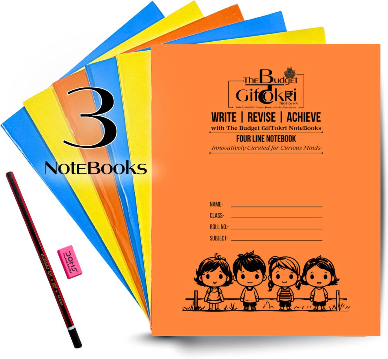 The Budget GifTokri TBGT™ Notebooks- Set of 3 Regular Notebook English (4-Line), Maths (Square), and Hindi (5-Line) 120 Pages
