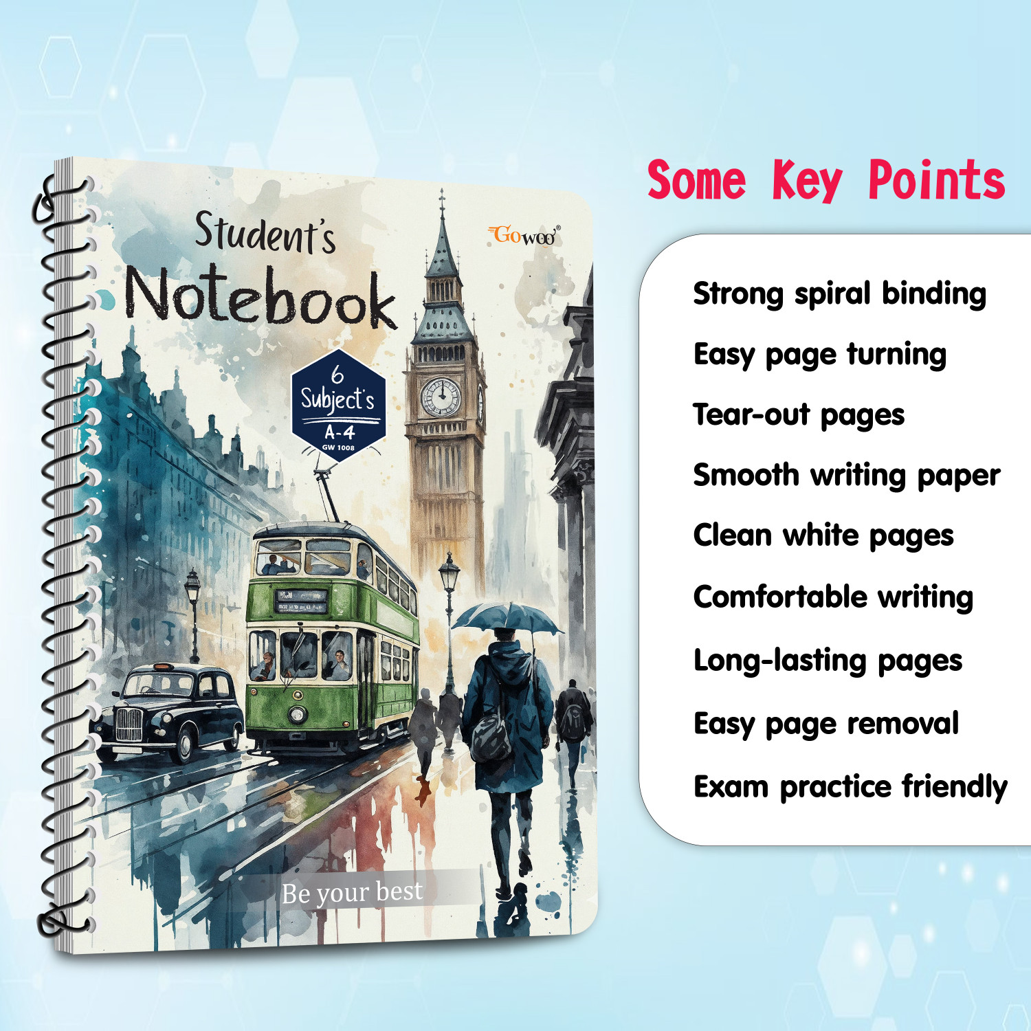 Image of GO WOO A4 Ruled Spiral Notebook | Set of 6 | 6x200 Pages | Writing & Notes A4 Notebook Ruled 1200 Pages