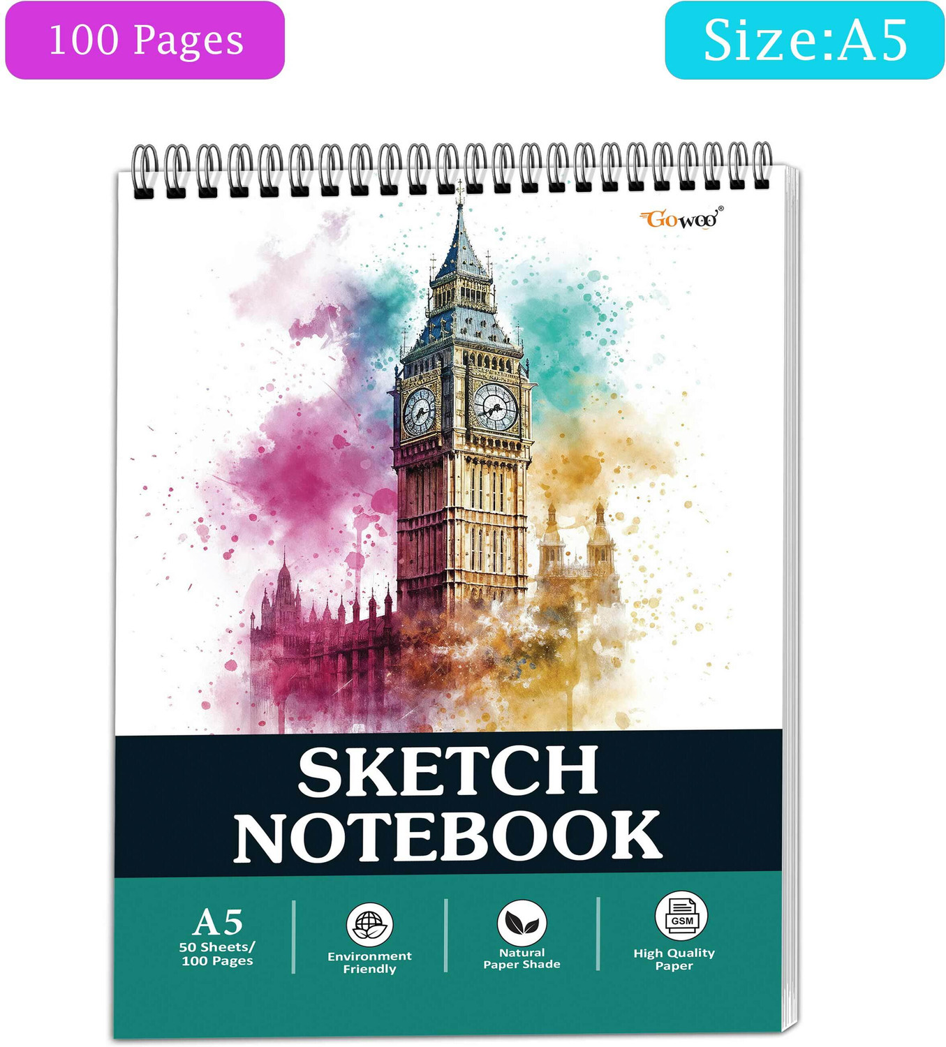Image of GO WOO London Cityscape Spiral Sketch Notebook :- london landmark drawing sketchbook A5 Notebook Spiral Sketch book 100 Pages