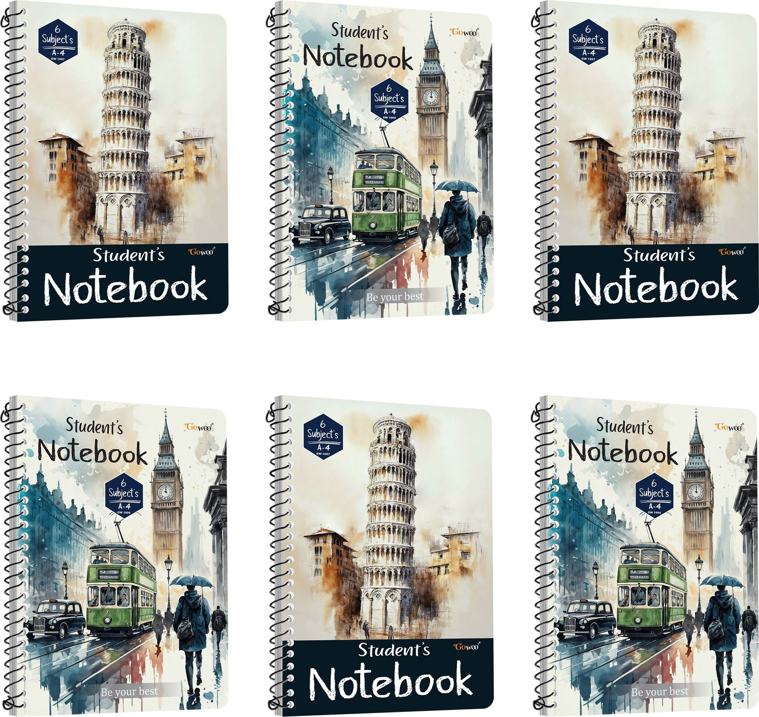 Image of GO WOO A4 Ruled Spiral Notebook | Set of 6 | 6x200 Pages | Writing & Notes A4 Notebook Ruled 1200 Pages