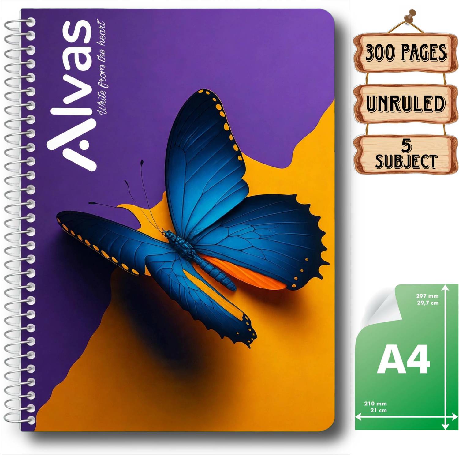 ALVAS 500 pages | Unruled | A4 Notebook Spiral | 64 GSM | 500 Pages