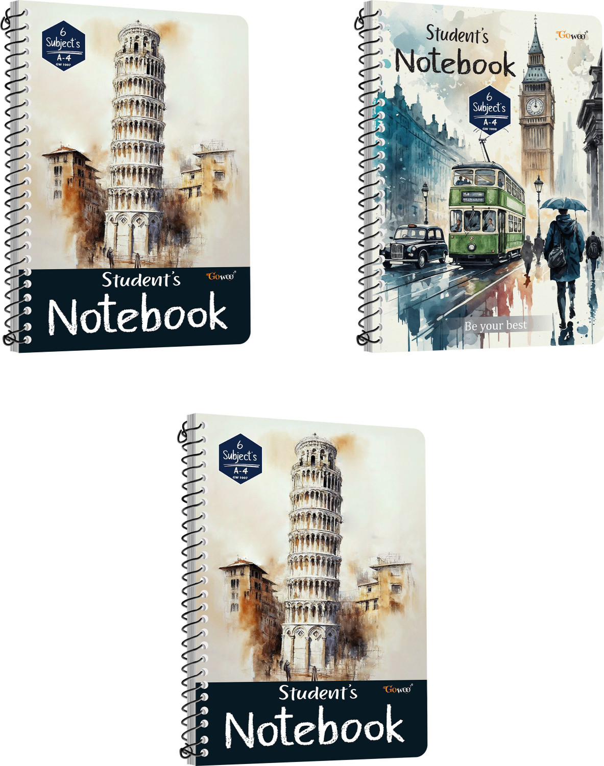 Image of GO WOO A4 Ruled Spiral Notebook | Set of 3 | 3x200 Pages | For Writing & Notes A4 Notebook Ruled 600 Pages
