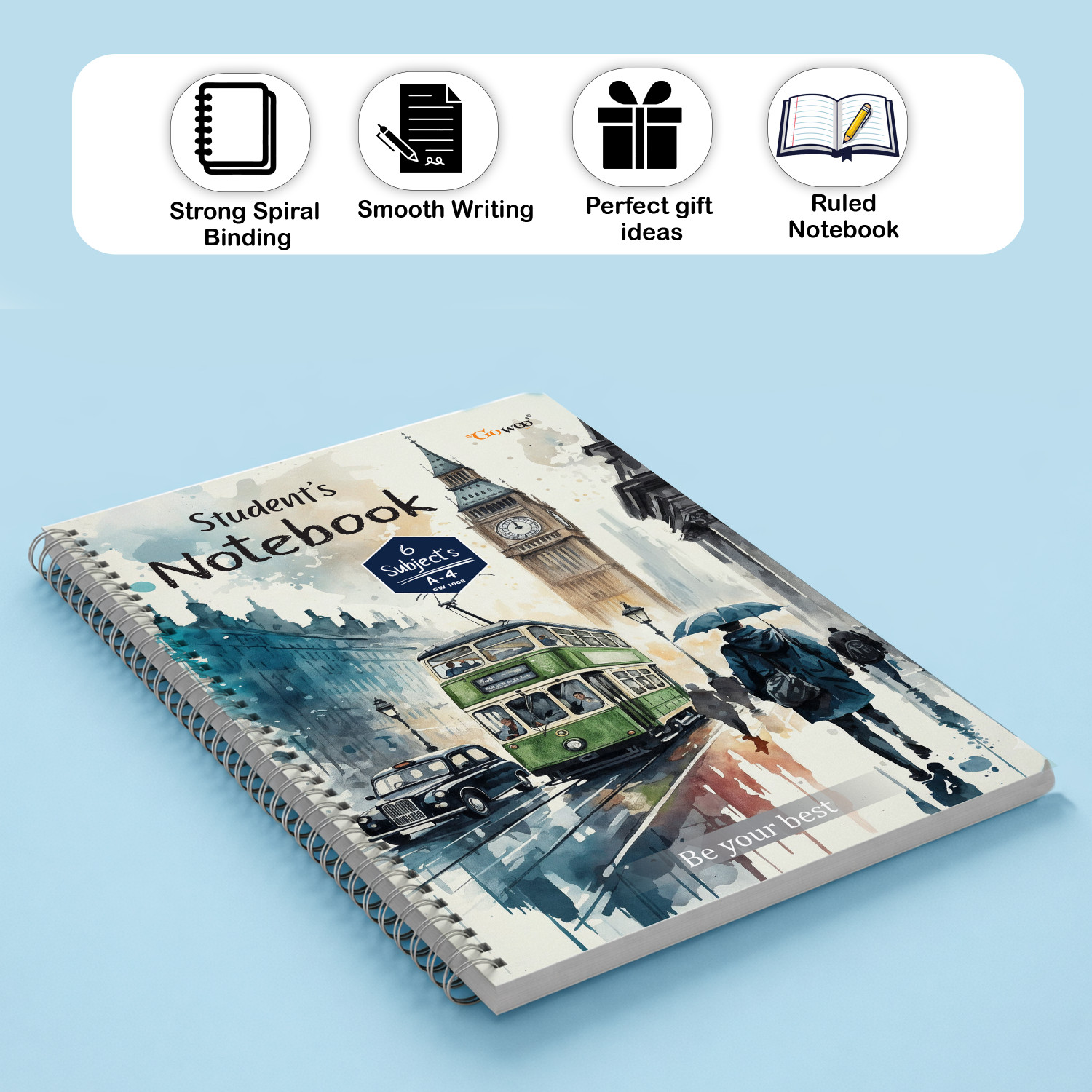 Image of GO WOO A4 Ruled Spiral Notebook | Set of 3 | 3x200 Pages | For Writing & Notes A4 Notebook Ruled 600 Pages