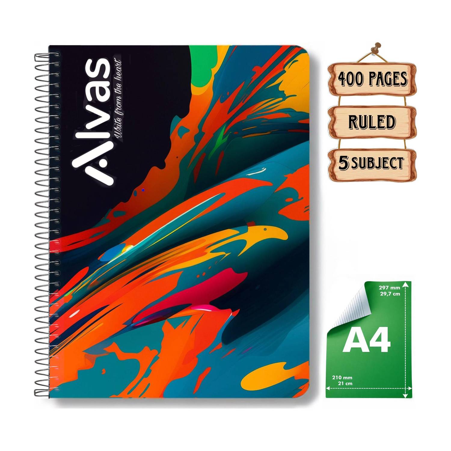 ALVAS 400 pages | Ruled | A4 Notebook Spiral | 64 GSM | 400 Pages