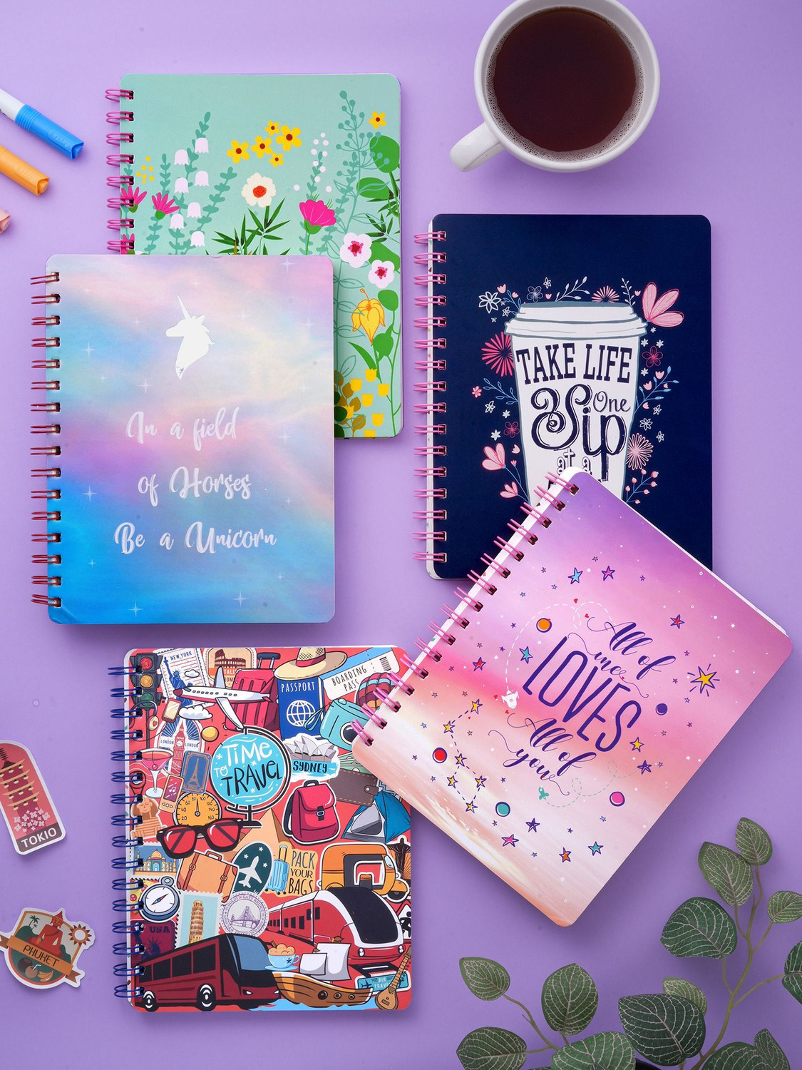 Image of Doodle Floral Pop Wiro Bound Notebook with Bookmark Dangler and Two Sticker Sheets B5 Diary Ruled 160 Pages