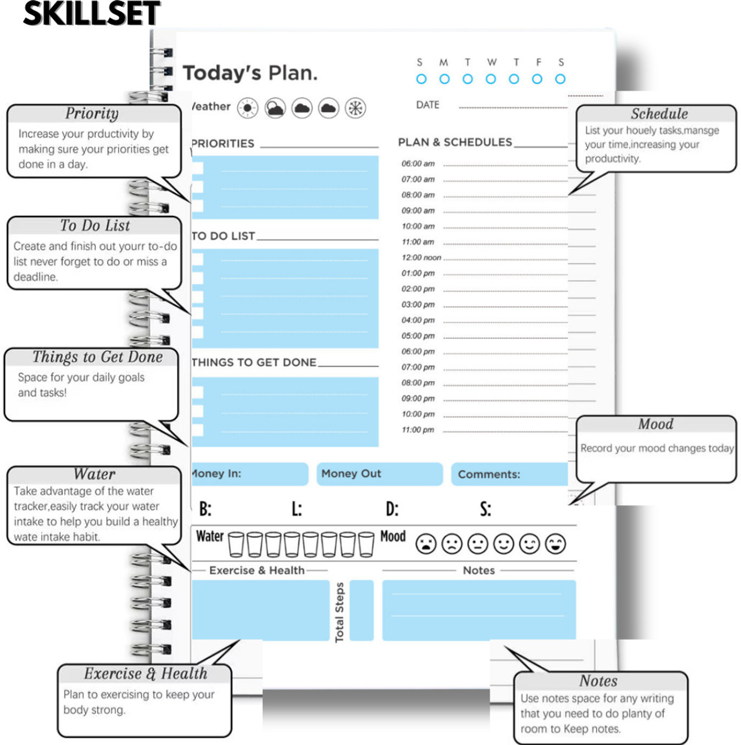 Image of SKILLSET Daily Schedule Organizer 192 Pages | Planner Goal Journal A5 Planner /Organizer YES 192 Pages