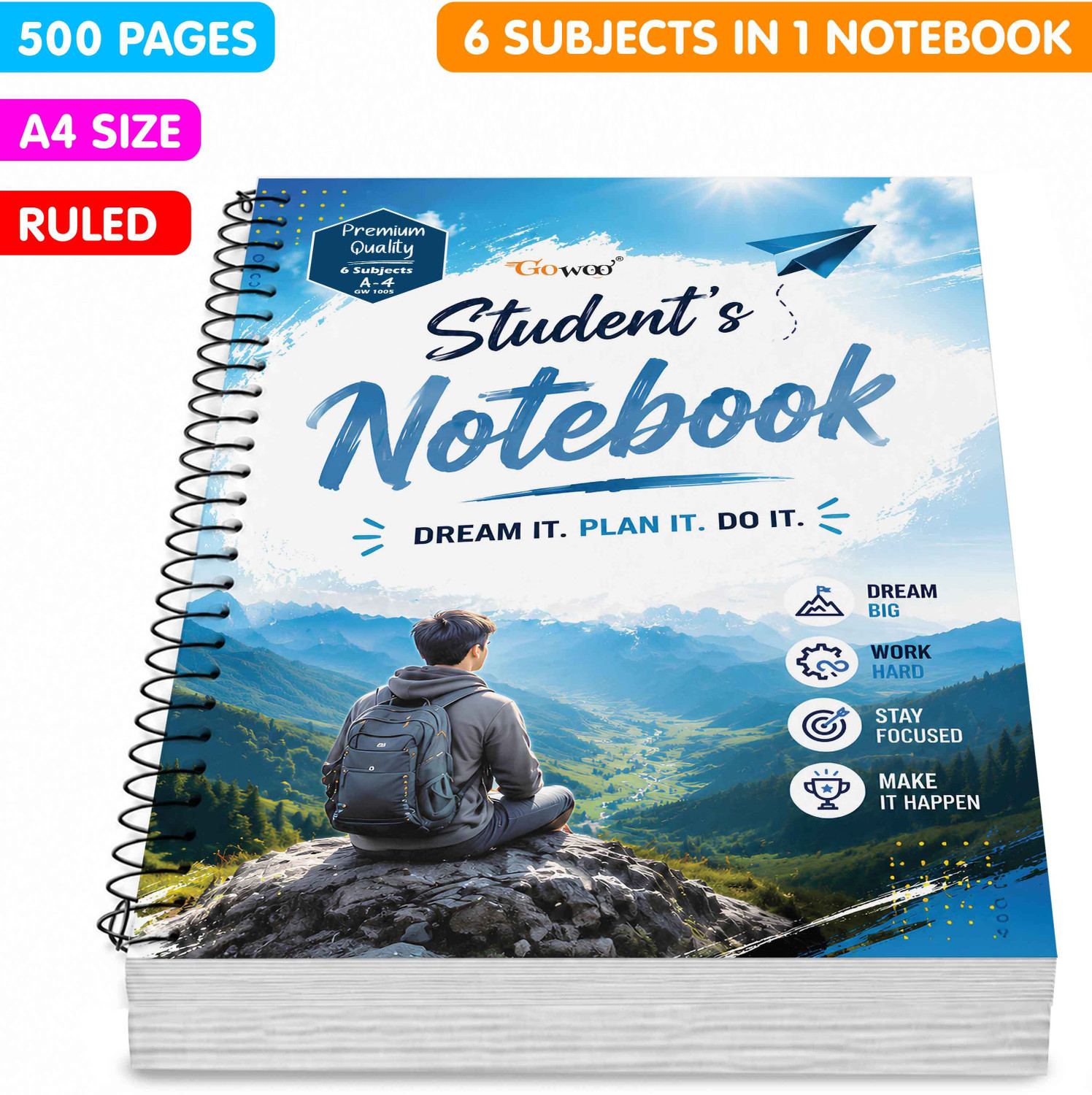 Image of GO WOO A4 Size Dream Big Spiral Notebook | Spiral Notebook for Students A4 Notebook Ruled 500 Pages