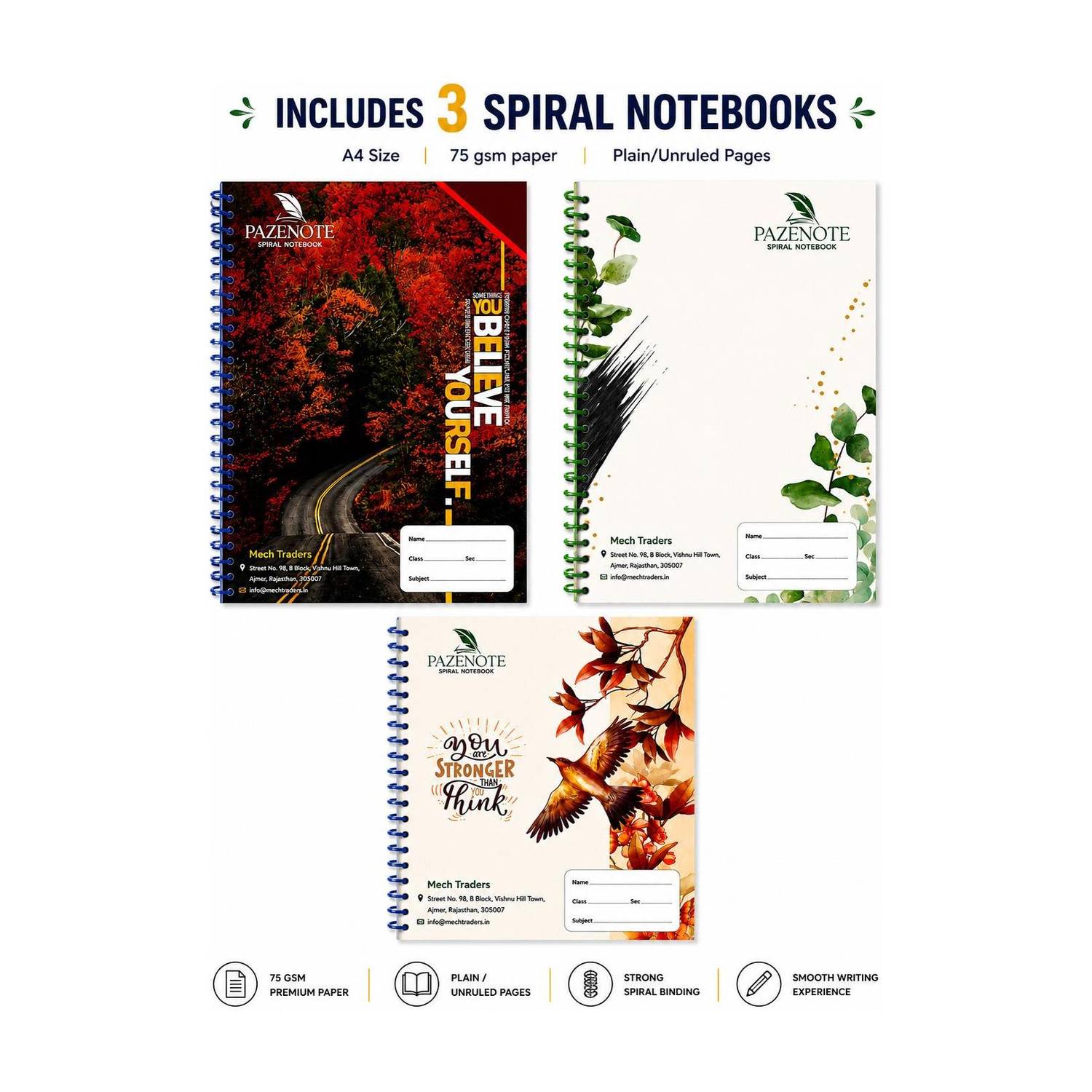 ABC 75 GSM PAZENOTE PACK OF 3 A4 Notebook UNRULED/PLAIN 170 Pages