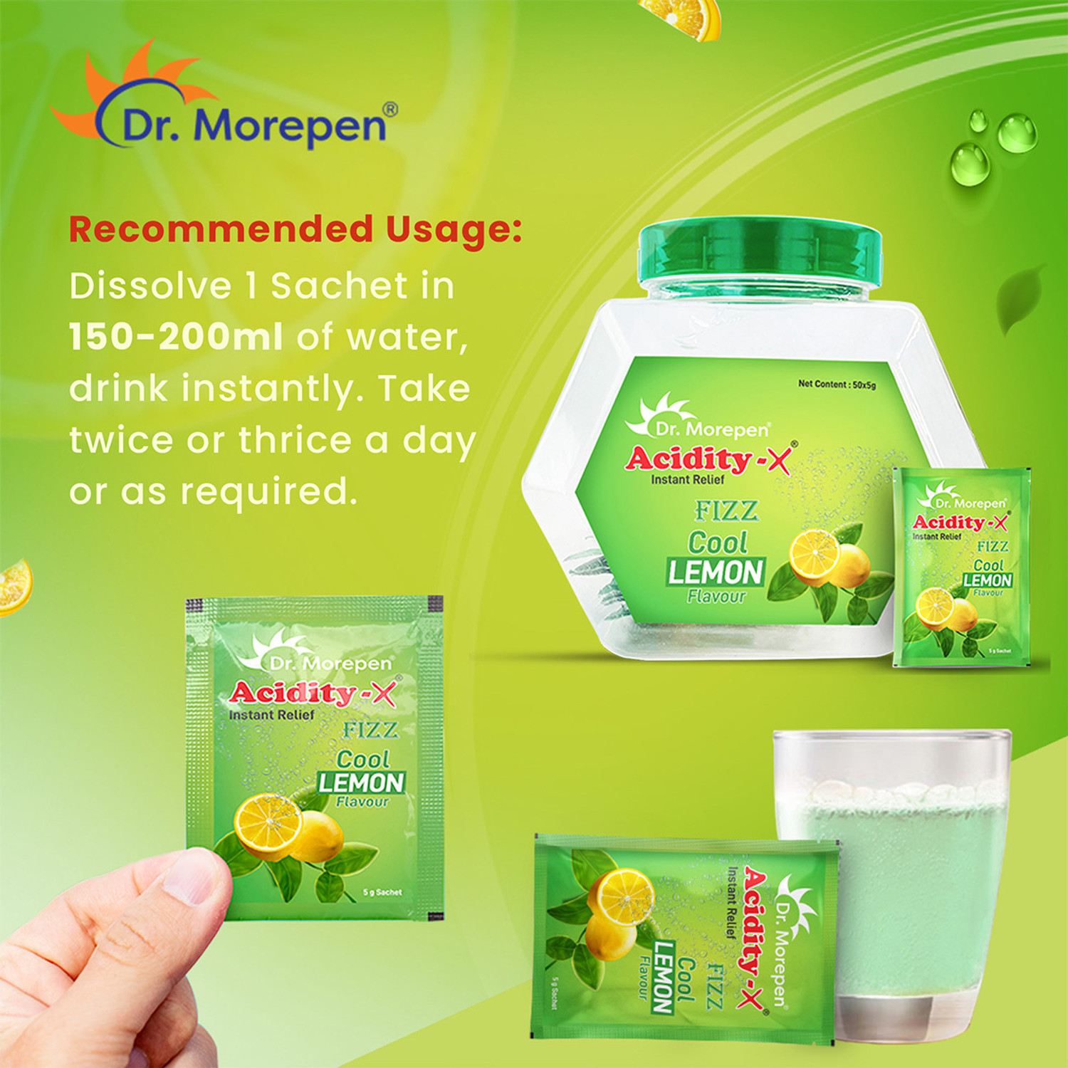 Image of Dr. Morepen Acidity-X Fizz Fruit Salt, 50 Sachets Lemon Powder