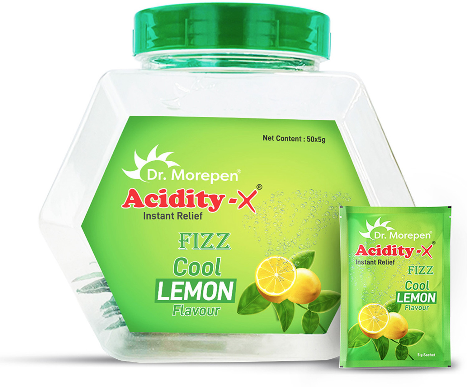 Image of Dr. Morepen Acidity-X Fizz Fruit Salt, 50 Sachets Lemon Powder