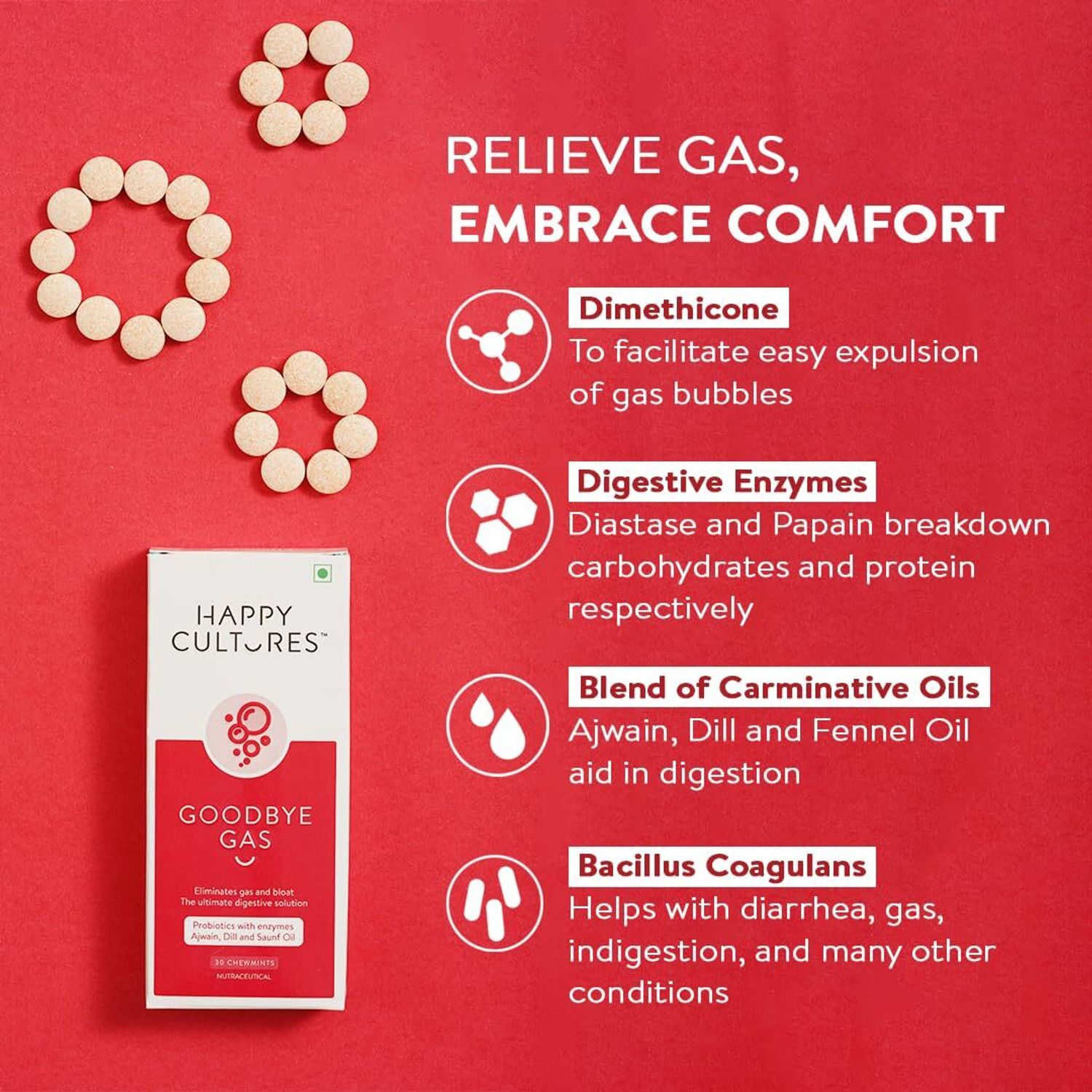 Image of Velbiom Happy Cultures Goodbye Gas Digestive ChewmintsGas Relief, Bloating Control Mint Tablet