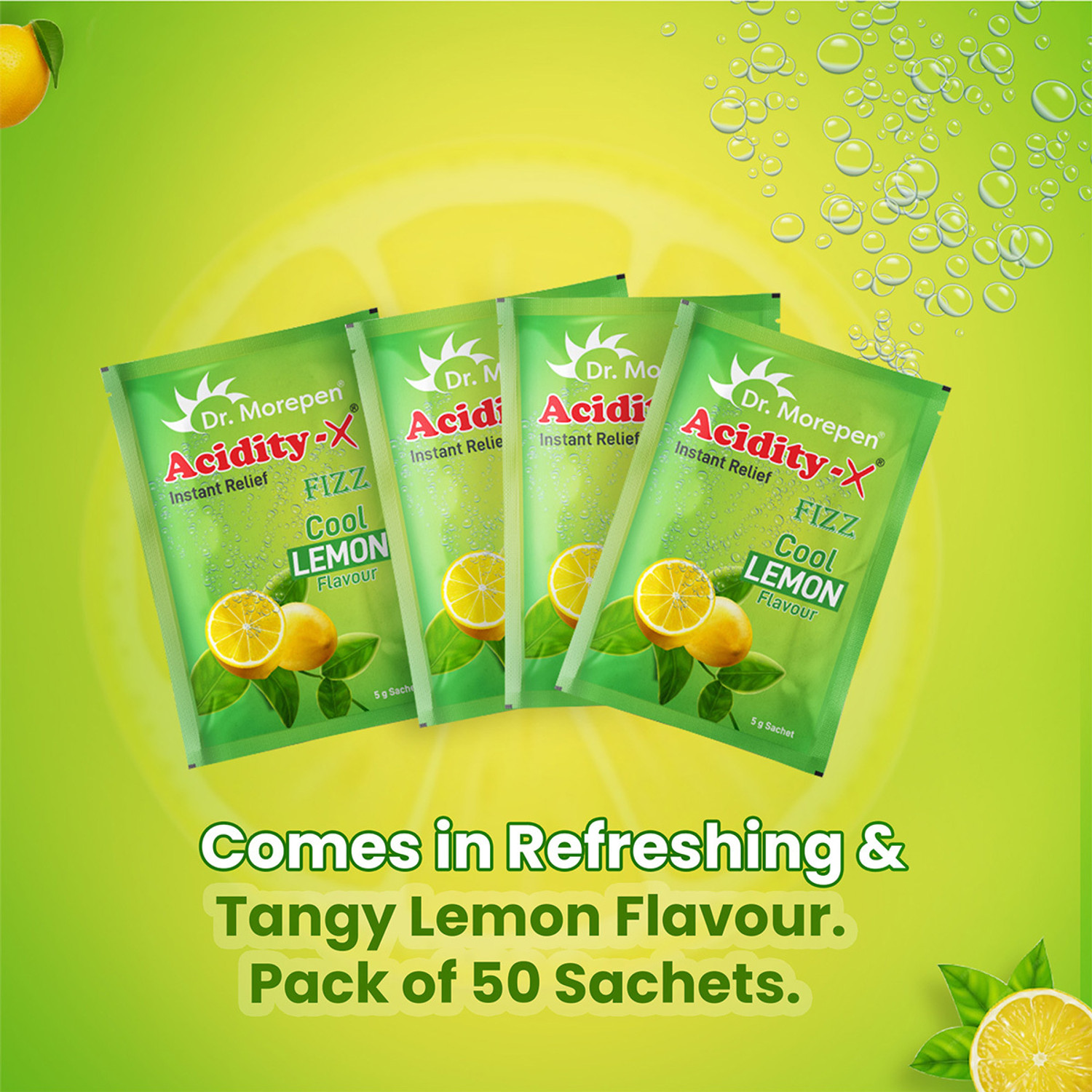 Image of Dr. Morepen Acidity-X Fizz Fruit Salt, 50 Sachets Lemon Powder