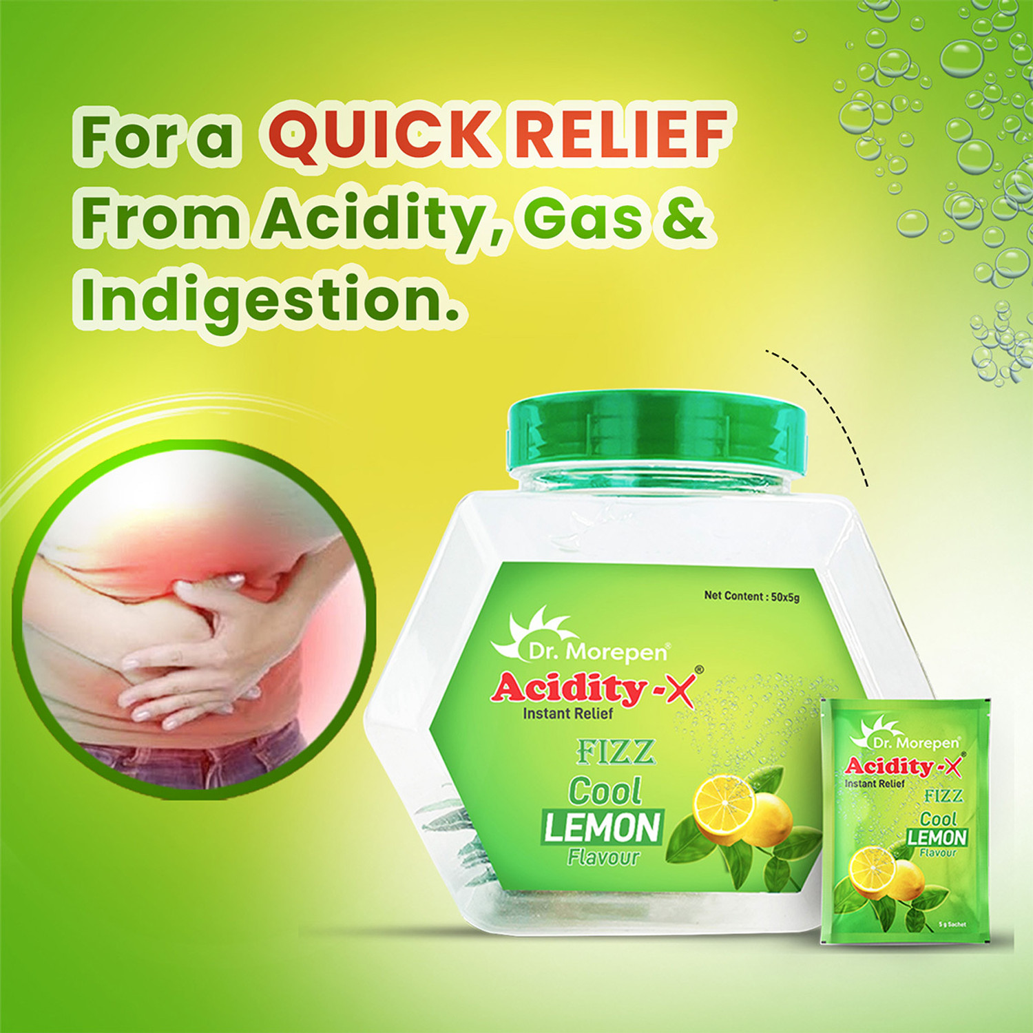 Image of Dr. Morepen Acidity-X Fizz Fruit Salt, 50 Sachets Lemon Powder