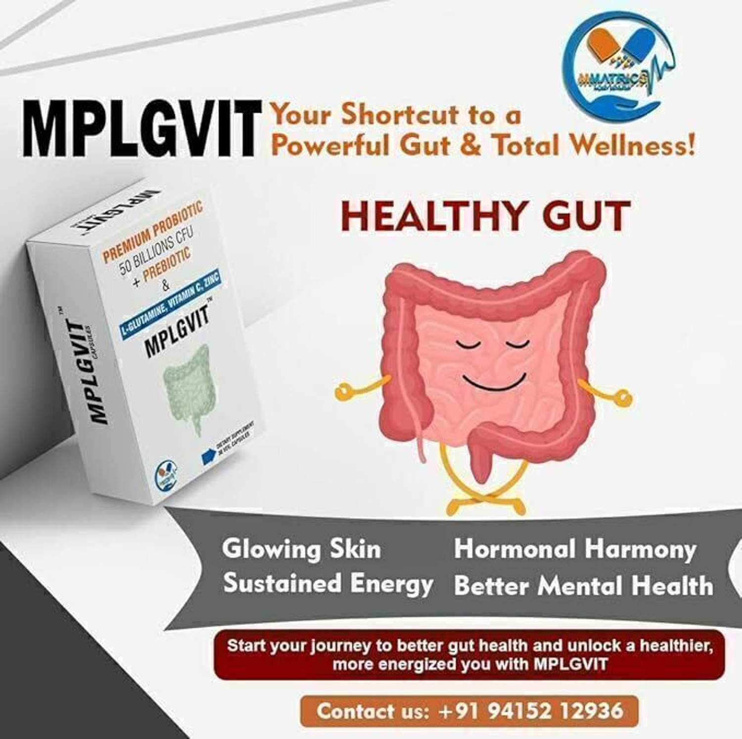 Image of MPLGVIT Premium Probiotic Supplement - 50 Billion CFU With Prebiotic, Health Support Un-Flavoured Capsules