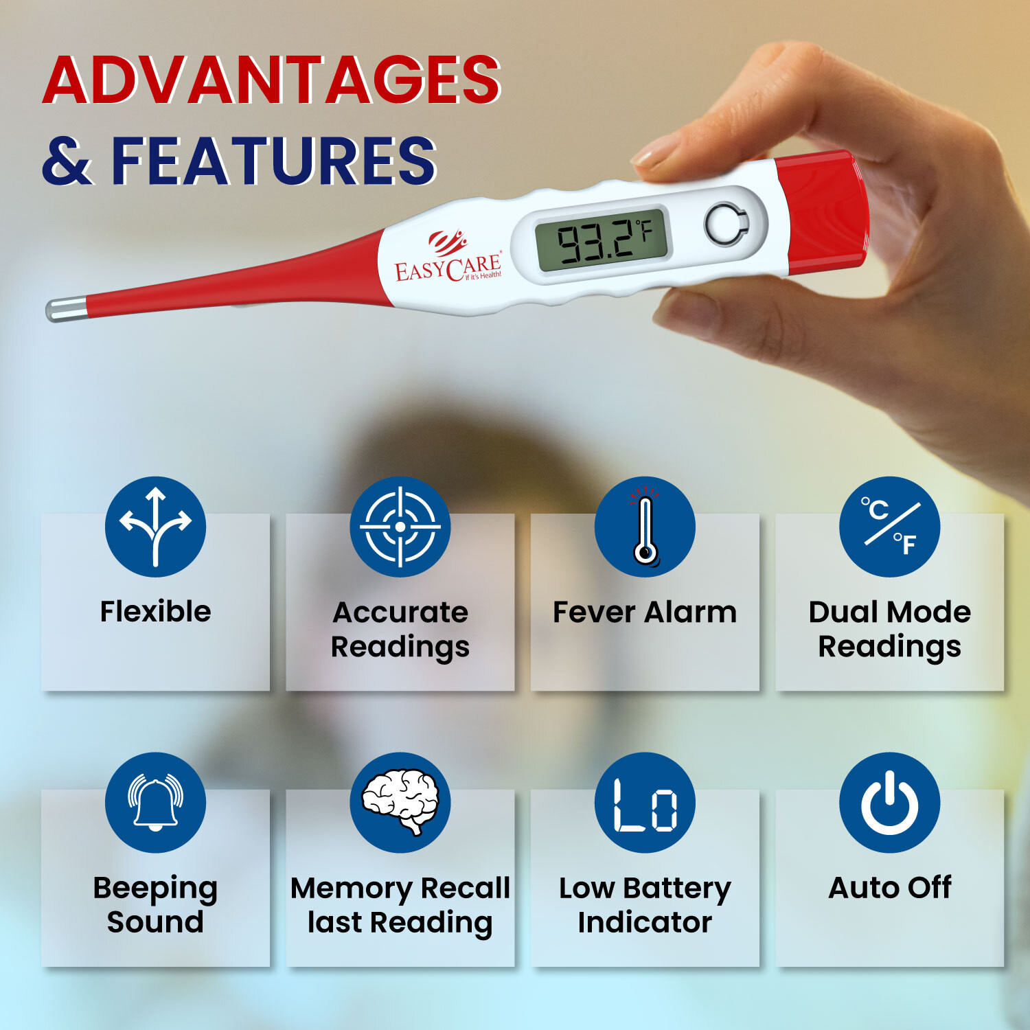 Image of EASYCARE EC5130 Digital Thermometer - Waterproof, Fever Alarm, Flexible Tip Thermometer