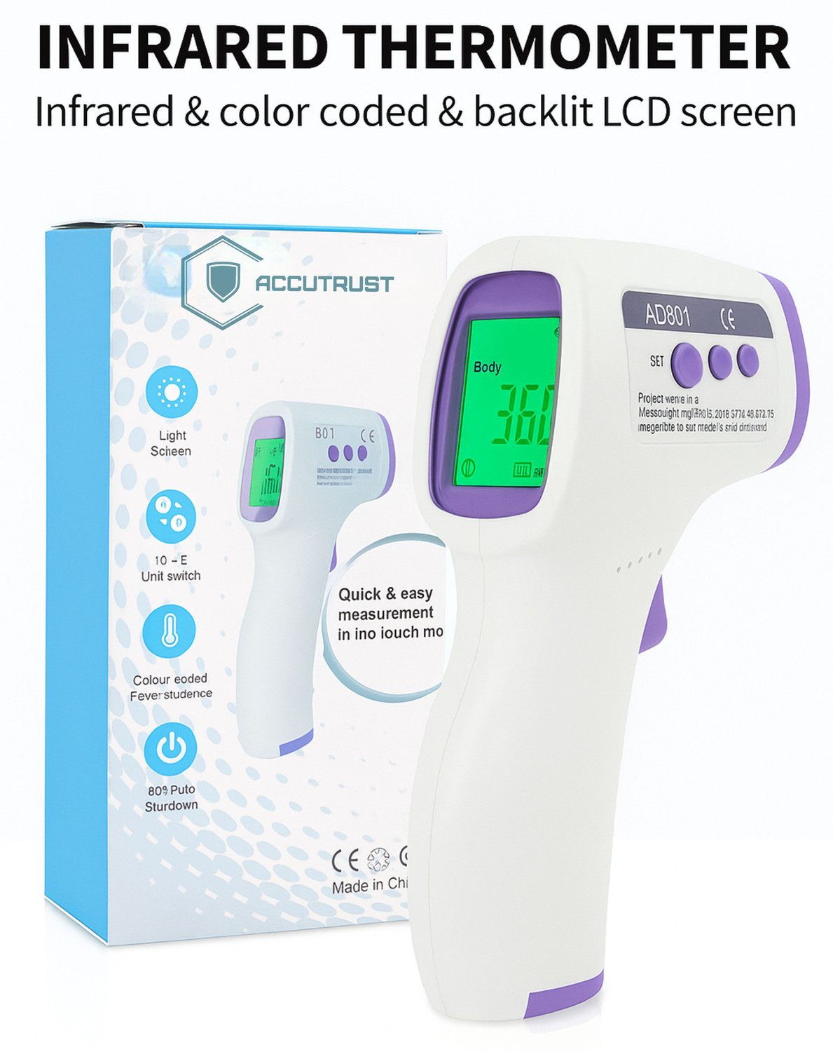 Image of Accutrust Contactless Infrared Thermometer | Fast 1-Sec Measurement Color Display | Fever Alarm | Family Use Thermometer