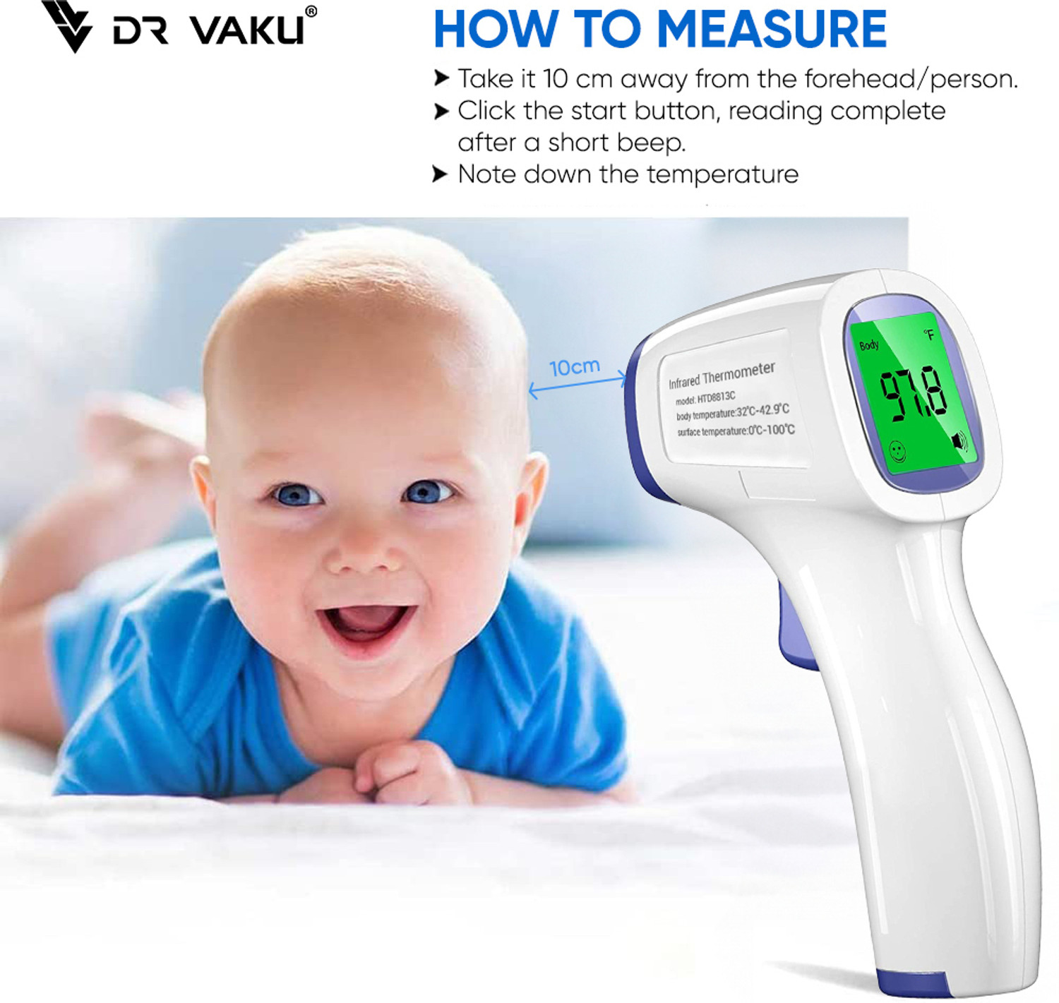 Image of DR VAKU Infrared Thermometer Non-Contact Digital Laser Infrared Thermometer Temperature Gun [Battery Included], white and blue pack of-1 Portable Thermometer