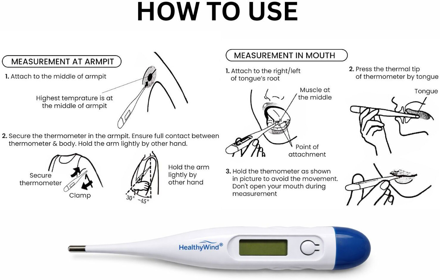 Image of HEALTHY WIND Digital Oral Thermometer | High Accuracy | Water Resistant | Digital LCD Display Thermometer