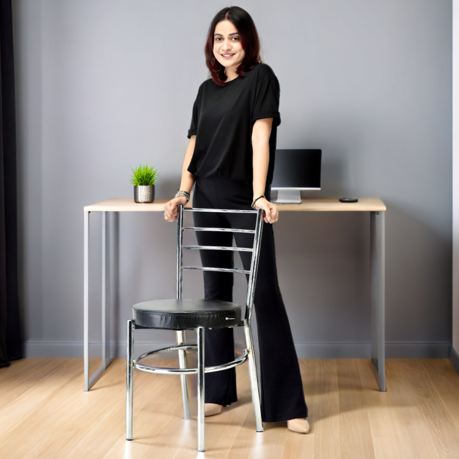 Image of APPLE FURNITURE Stylish Durable Dining Chair with Cushion Steel Chrome Chair Metal Dining Chair