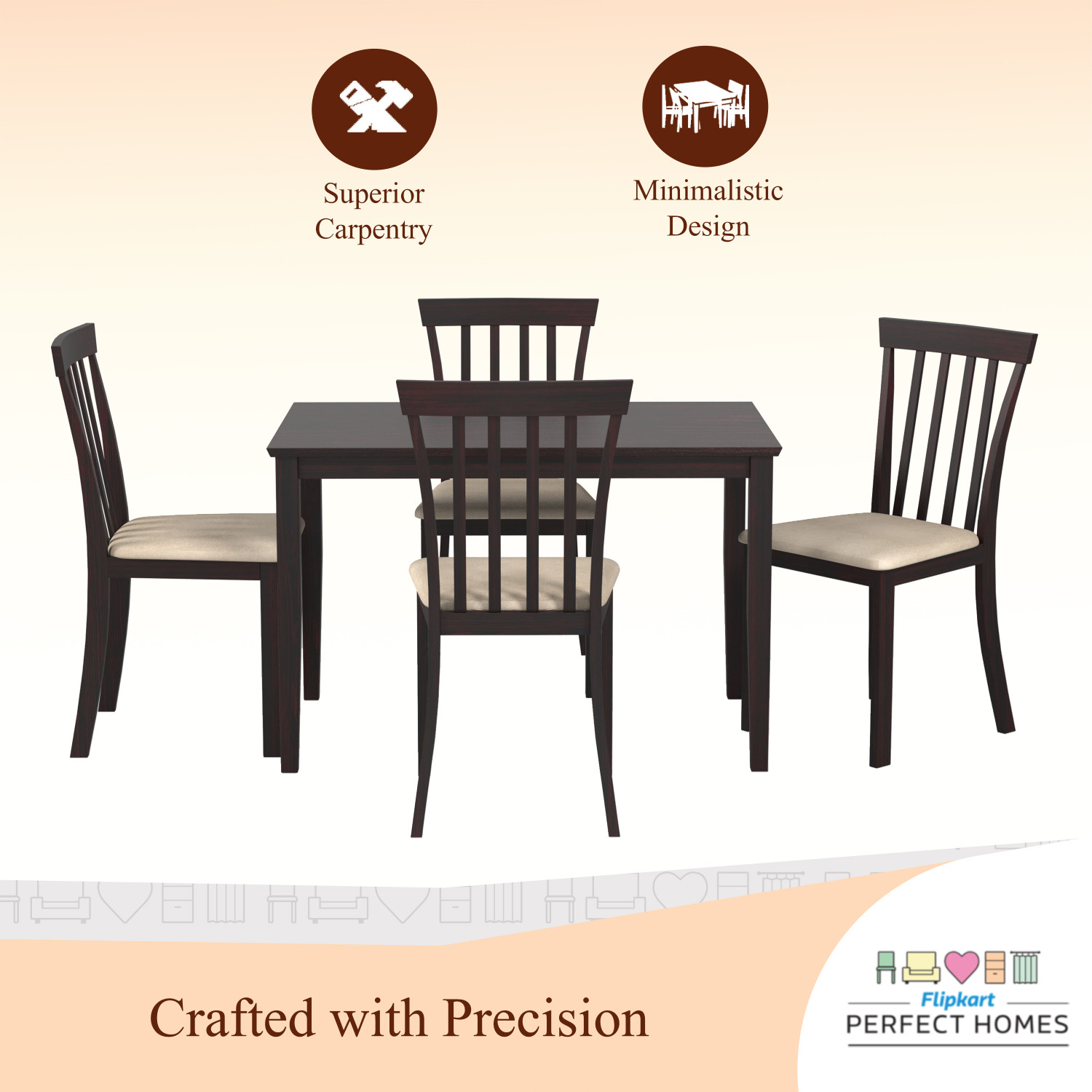 Image of Flipkart Perfect Homes Houston Solid Wood 4 Seater Dining Set