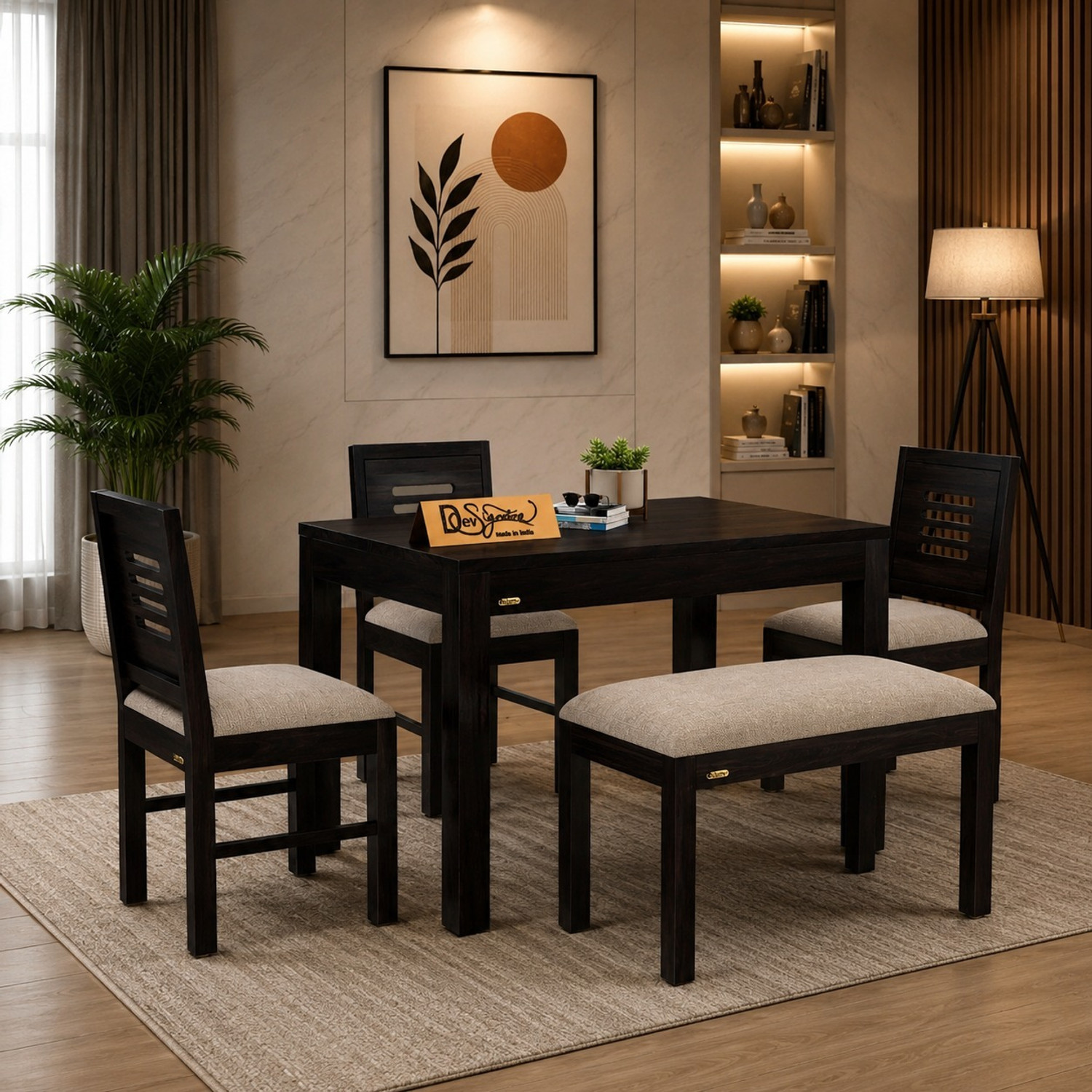 Image of Devsignature WOODEN FOUR SEATER DINING SET 3 CHAIR WITH 1 BENCH Solid Wood 4 Seater Dining Set