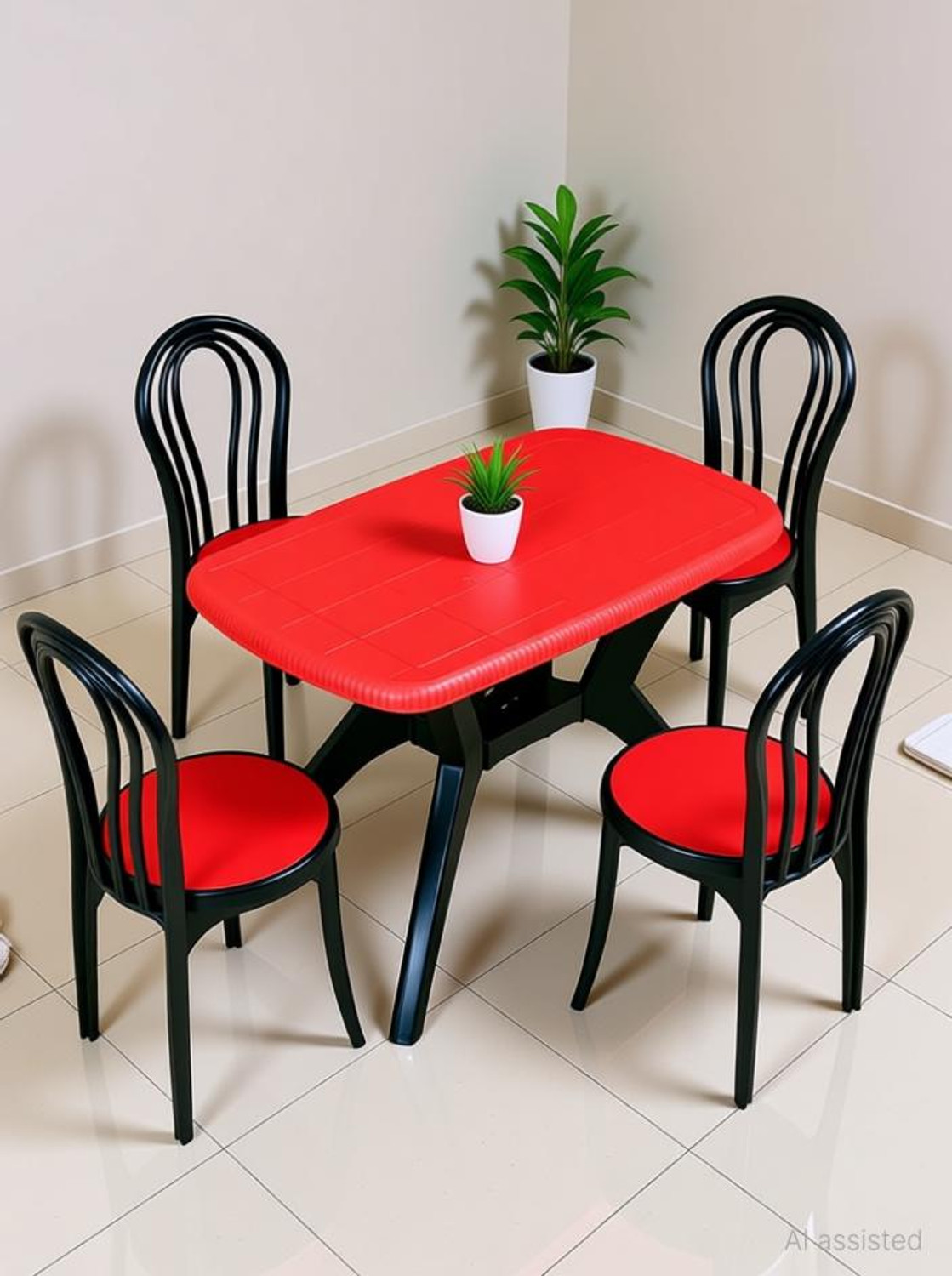 Image of swagath furniture 4 Seater Dining Table Set for Home Garden Cafeteria Plastic 4 Seater Dining Set