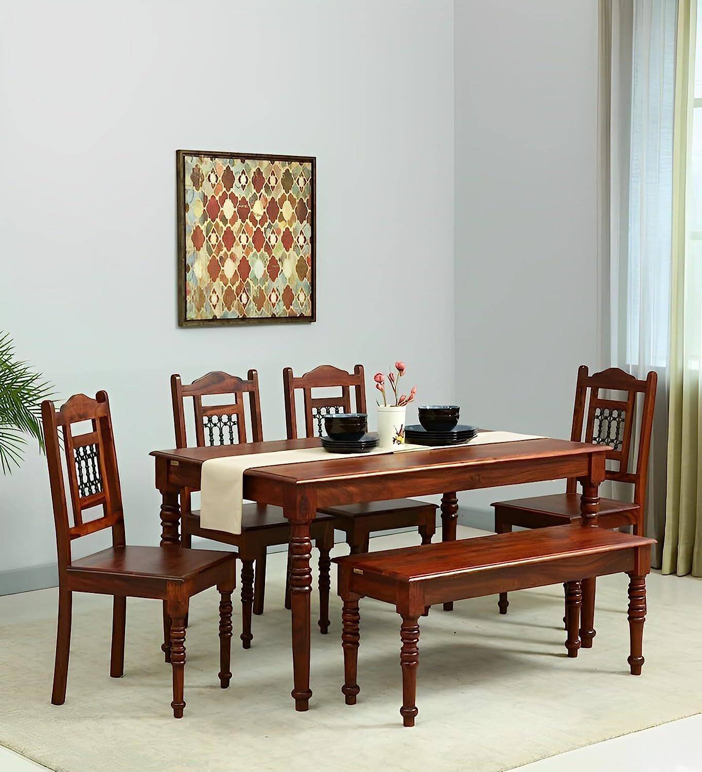 Shree Jeen Mata Enterprises Sheesham Wood 6 Seater Dining| Wooden Table Chair Set| Living Room Dining Set | Solid Wood 6 Seater Dining Set