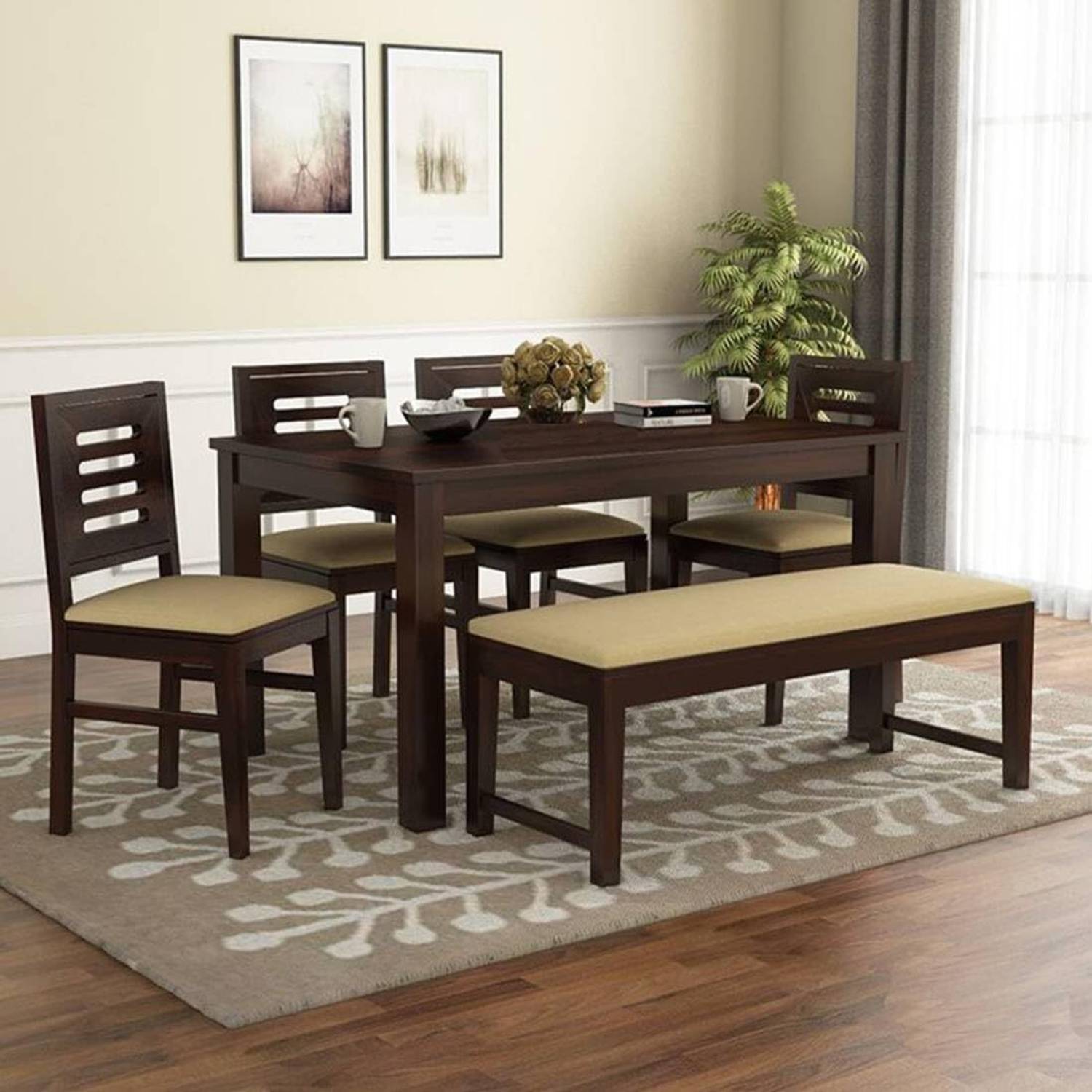 Worldwood Sheesham Wood Six Seater Dining Table with 4 Chair with bench for Living Room Solid Wood 6 Seater Dining Set