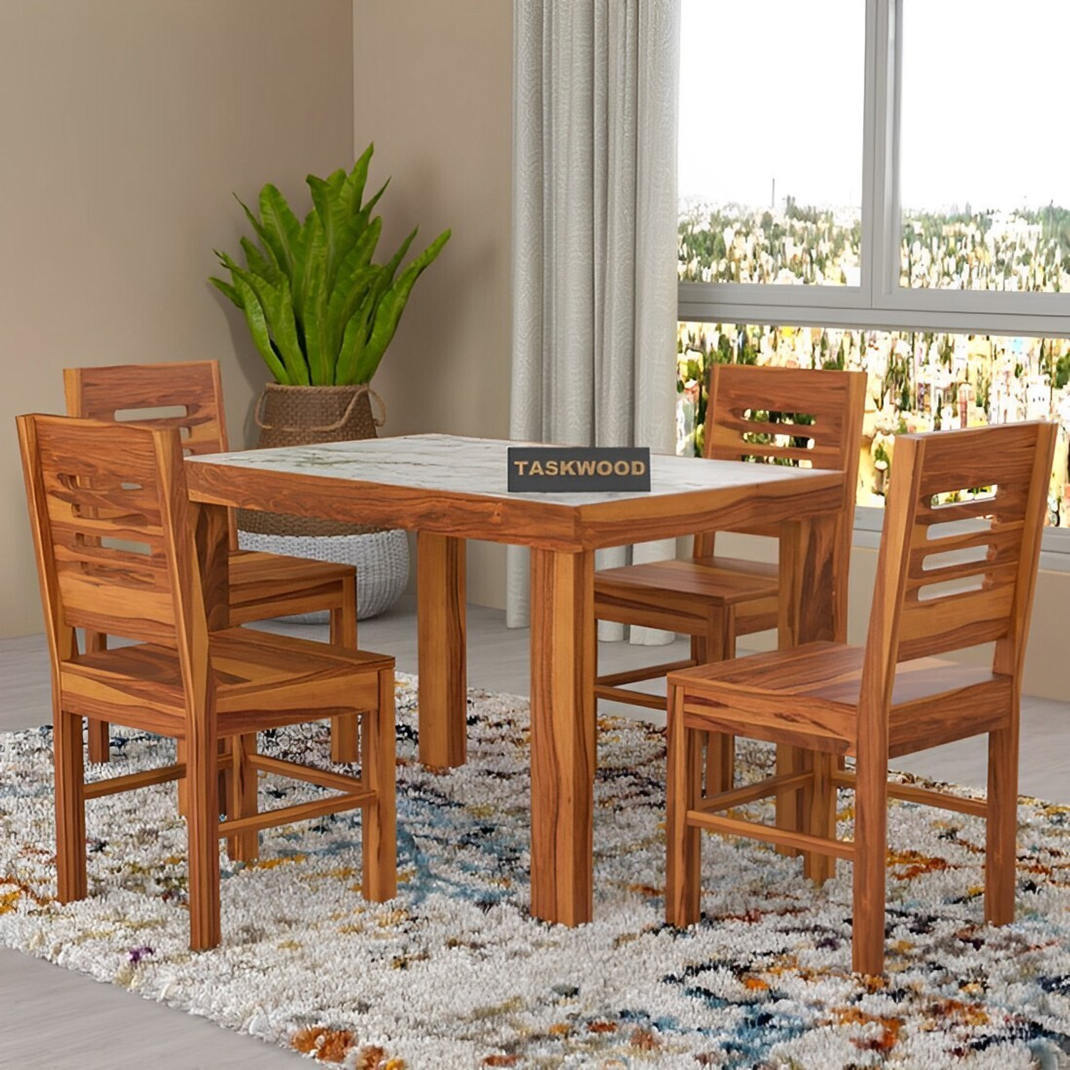 Image of Taskwood Furniture Solid Wood White Marble Top Finish Four Seater Dining Set For Dining Room Solid Wood 4 Seater Dining Set