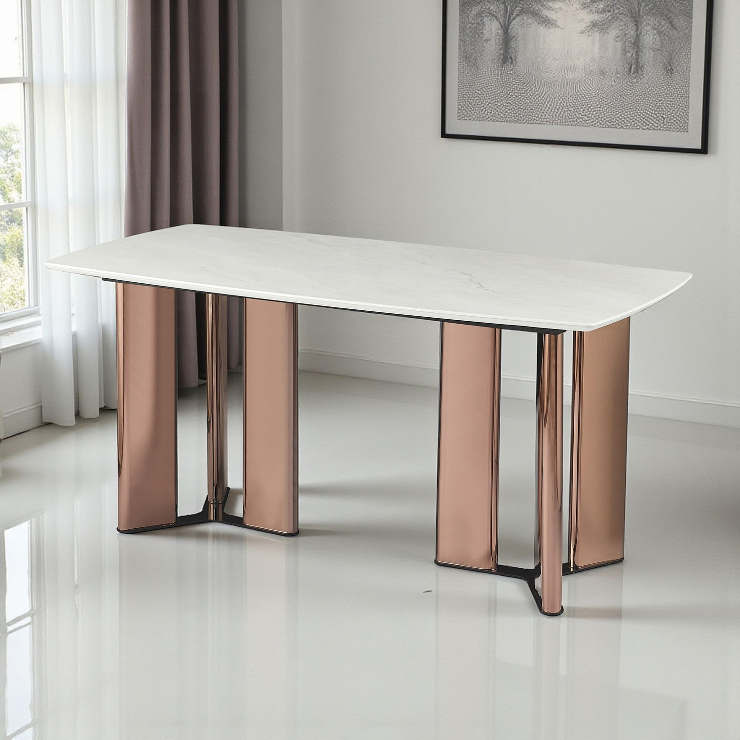 Image of THE ATTIC The Attic Neo Classic 6 Chair Dining Set,Beige ,Rose Gold & Cream,160Cms Metal 6 Seater Dining Set