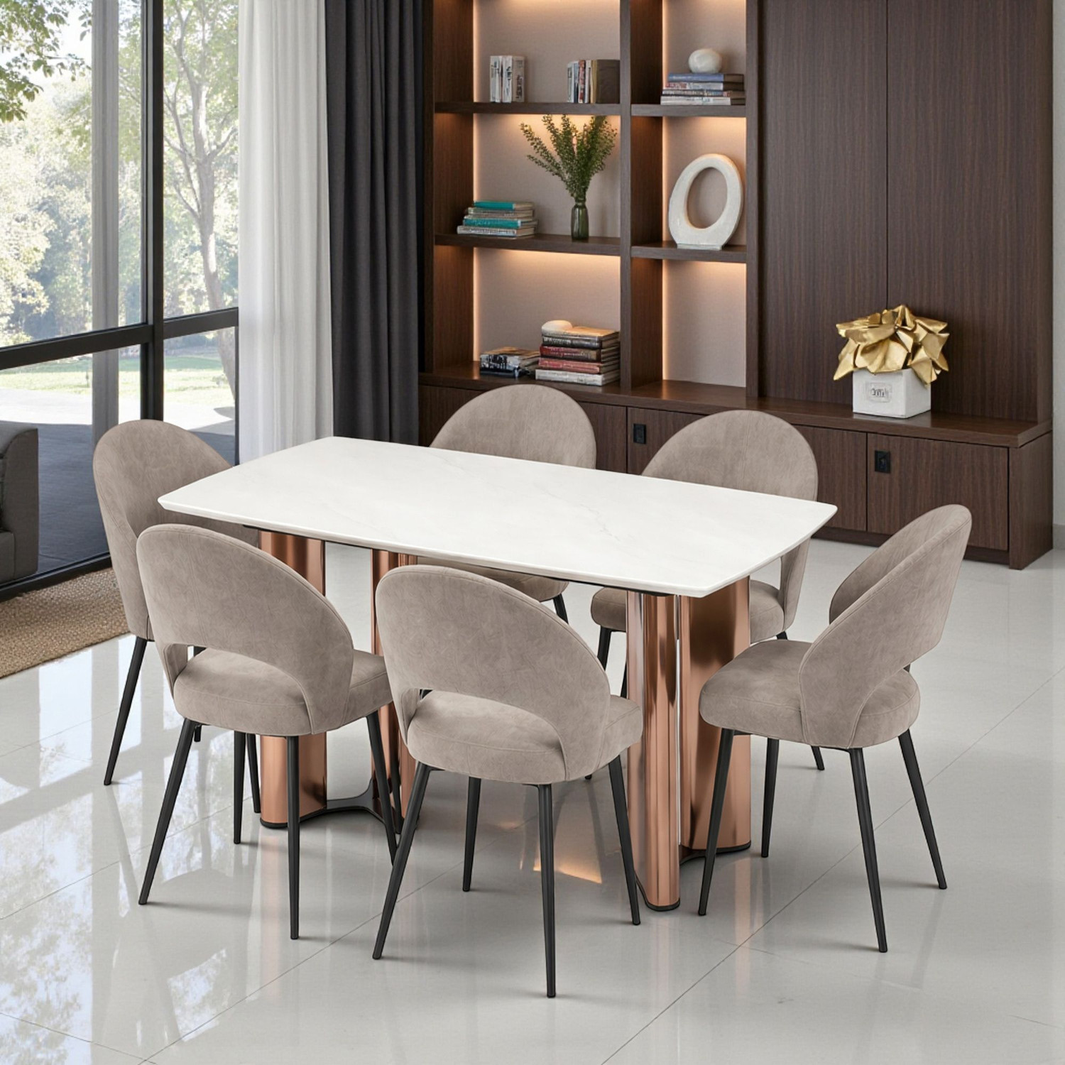 Image of THE ATTIC The Attic Neo Classic 6 Chair Dining Set,Beige ,Rose Gold & Cream,160Cms Metal 6 Seater Dining Set