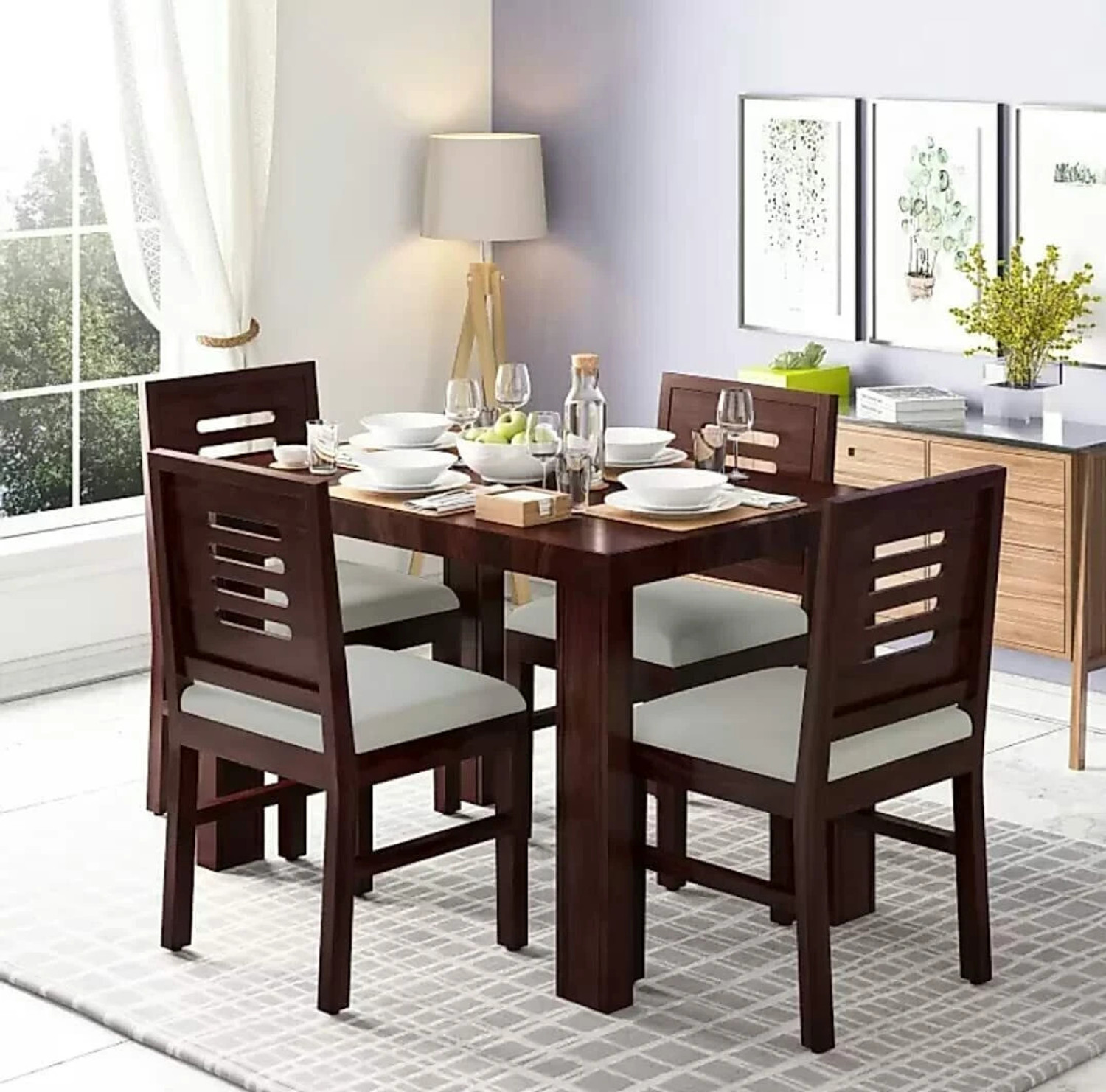Image of BRIGHTWOOD Solid Wood Sheesham Wood 4 Seater Dining Table With 4 Chairs For Dining Room Solid Wood 4 Seater Dining Set