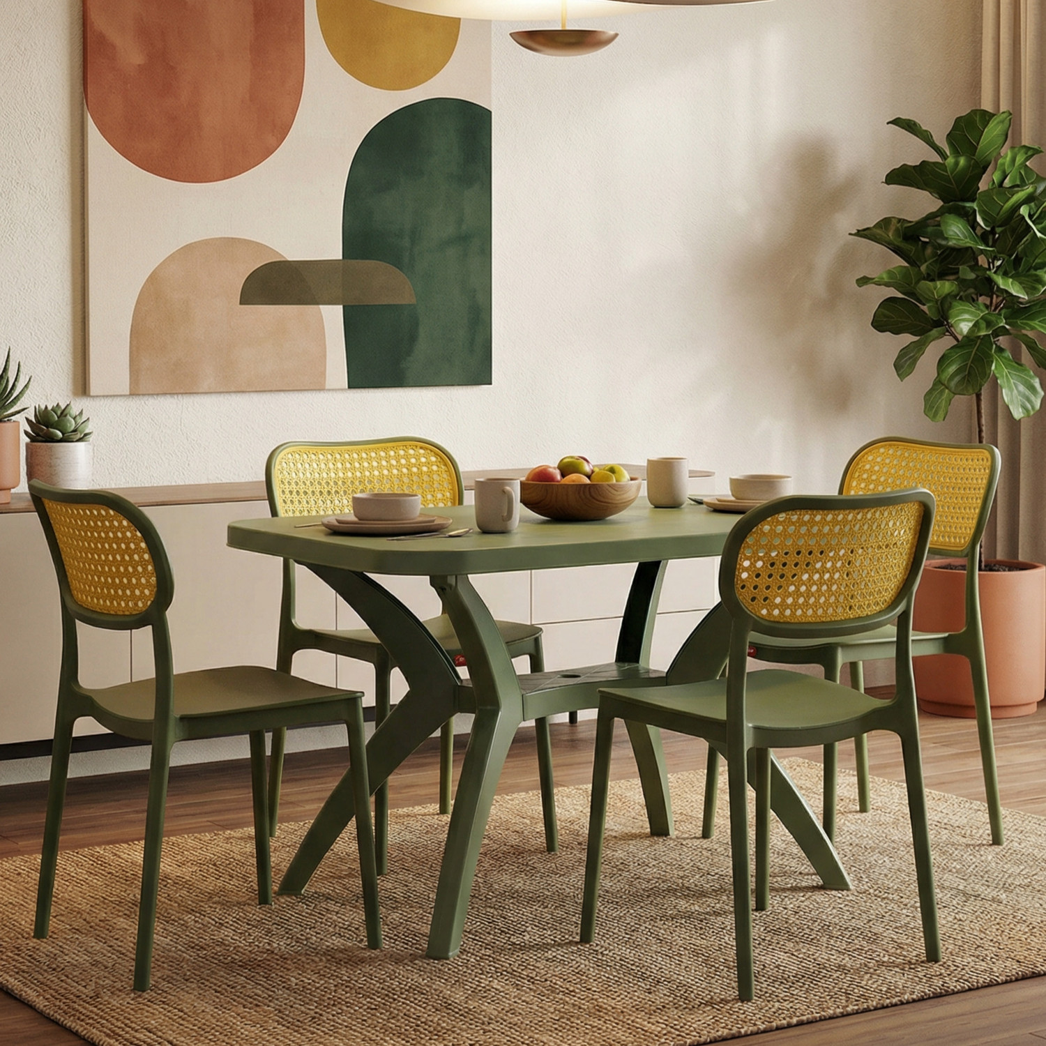 Image of TrendyLivings 4 Seater Dining Table Set for Home Garden Cafeteria Restaurant Plastic 4 Seater Dining Set