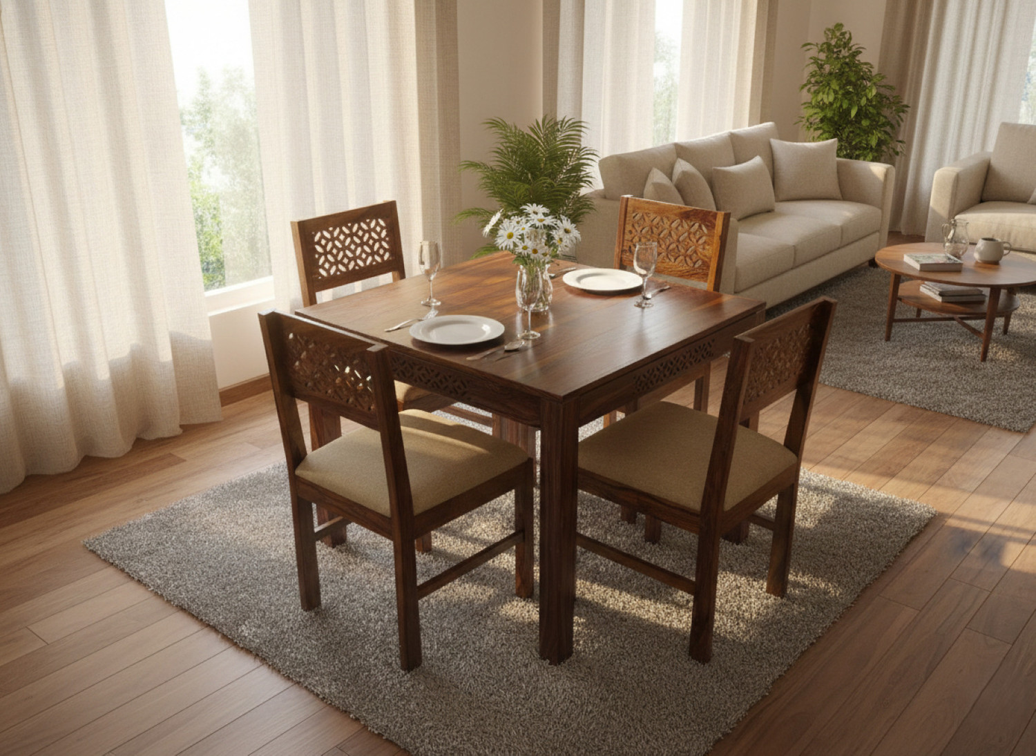 Image of Deuba Premium Quality 4 Seater Dining Table Set Solid Wood 4 Seater Dining Set