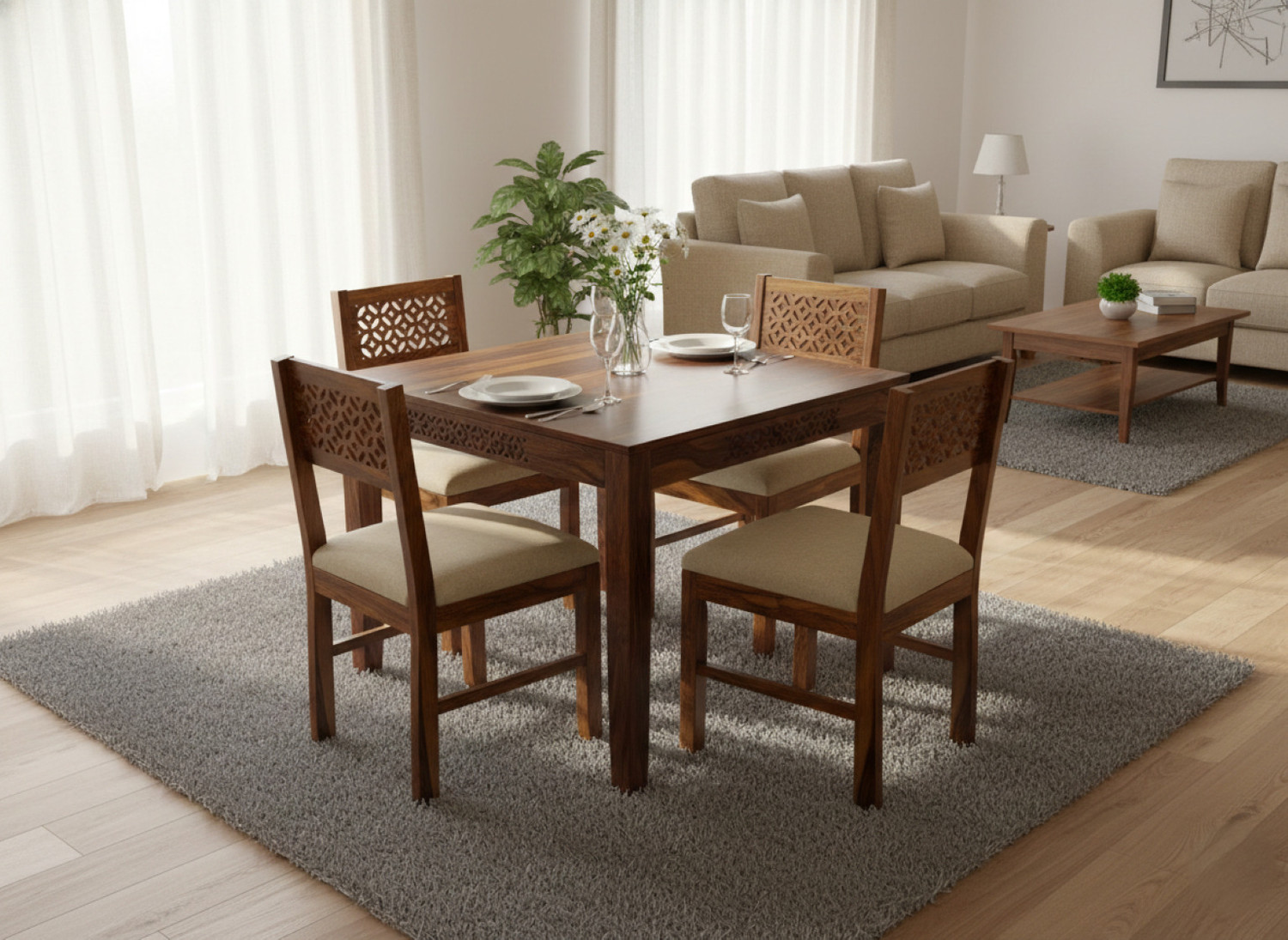 Image of Deuba Premium Quality 4 Seater Dining Table Set Solid Wood 4 Seater Dining Set